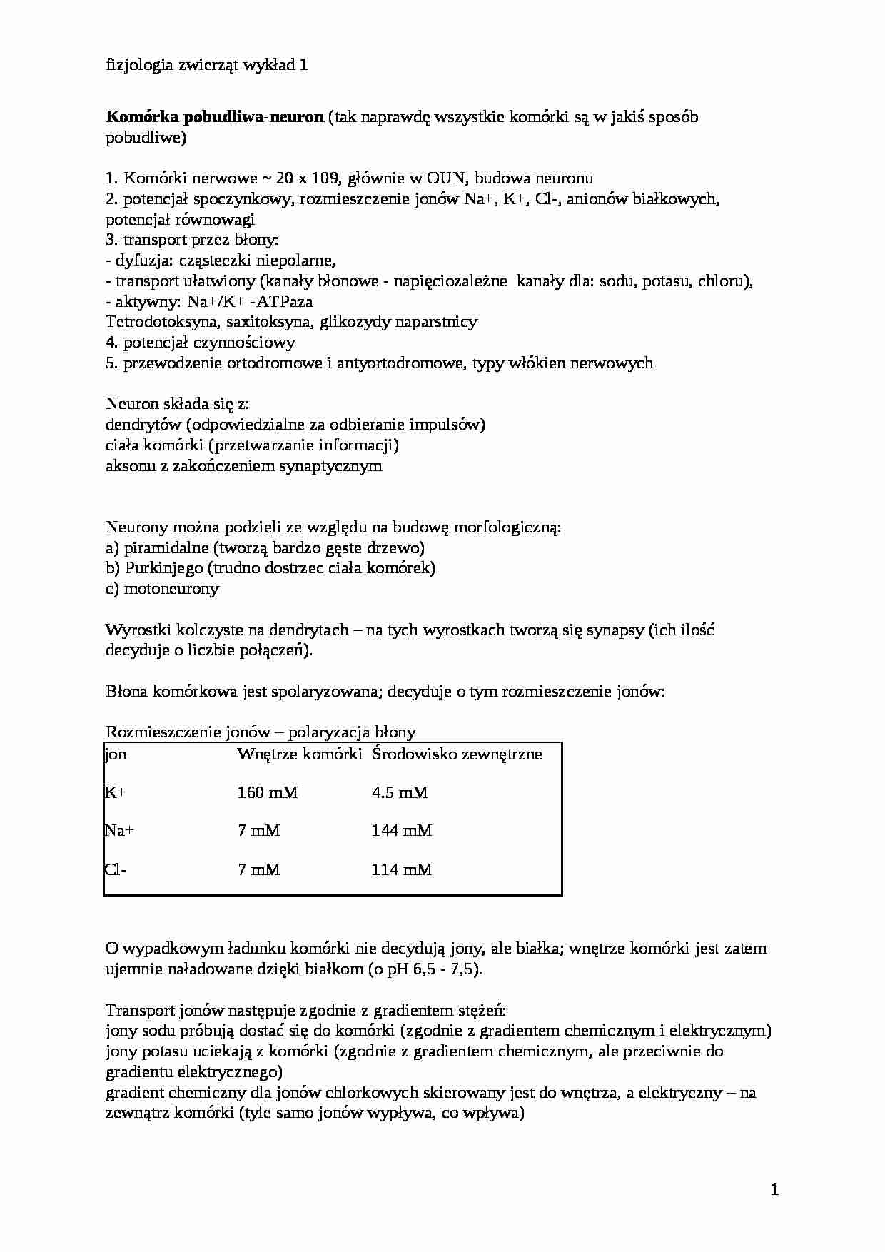 Fizjologia zwierząt - wykłąd 1 - strona 1