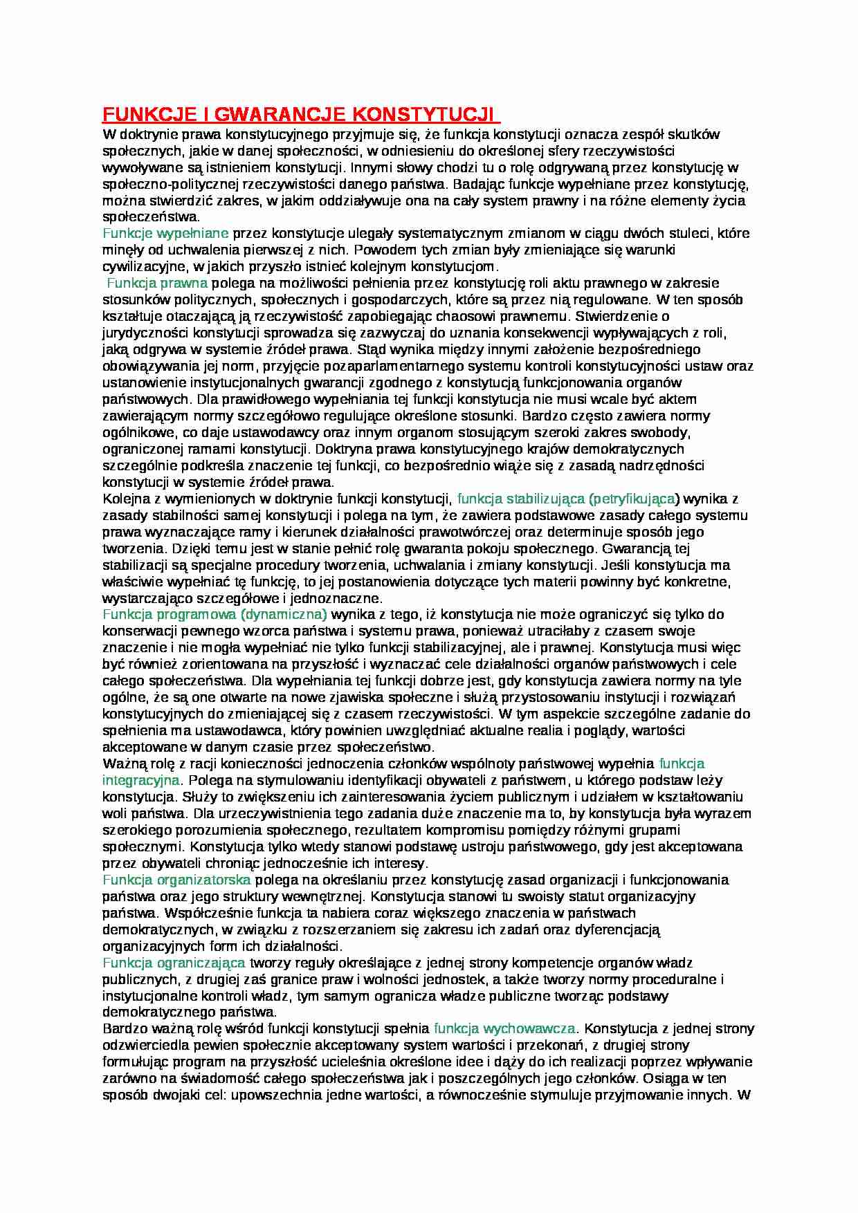 Funkcje i gwarancje konstytucji - strona 1