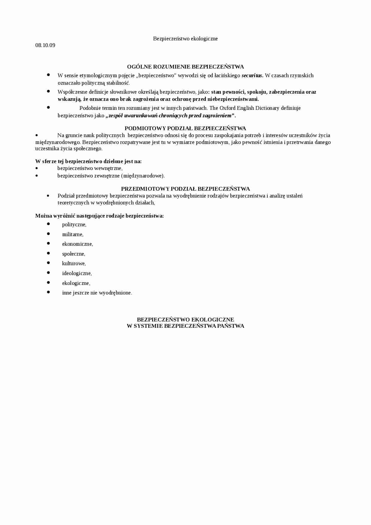 Bezpieczeństwo ekologiczne - wykład 1 - strona 1