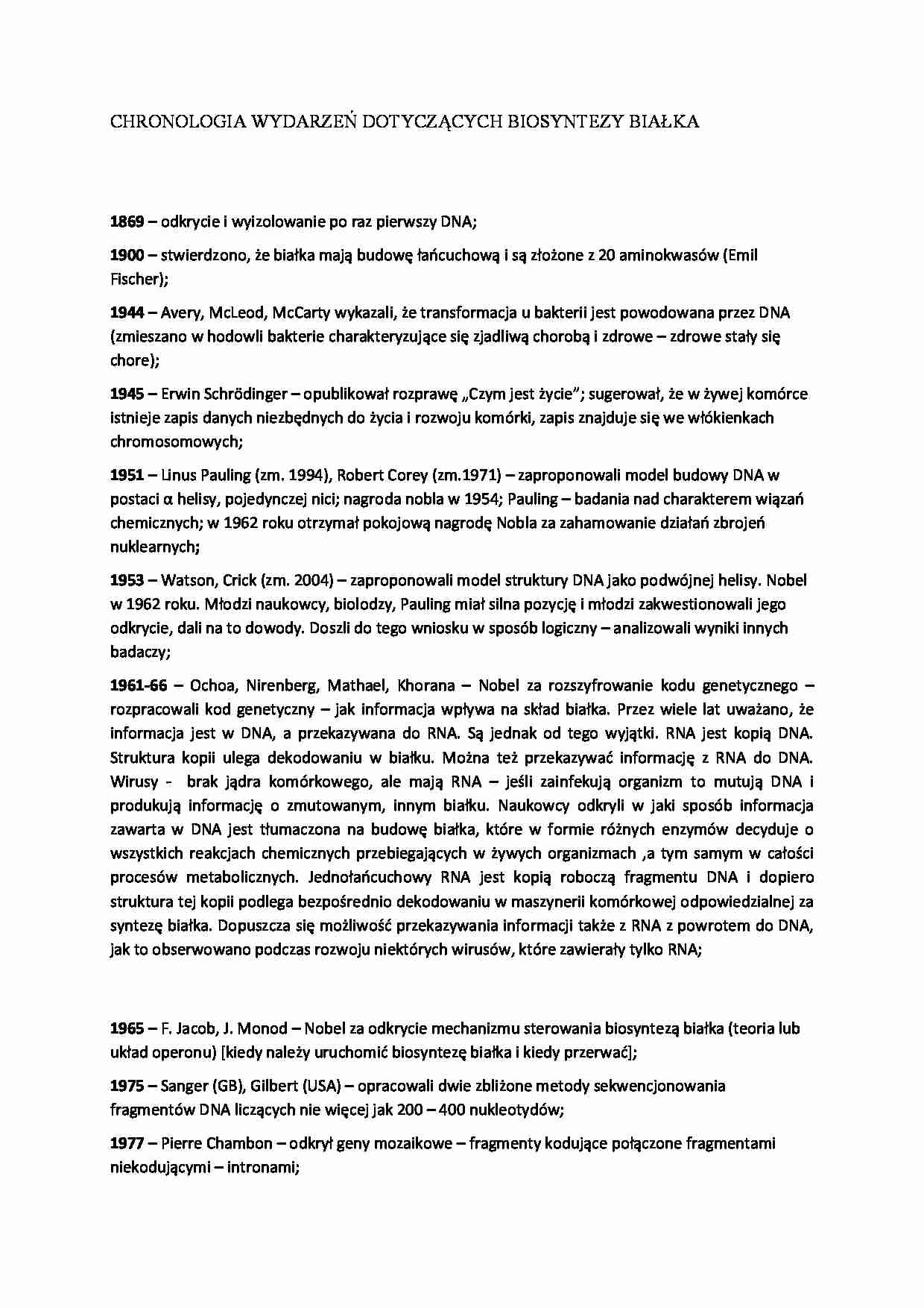 Chronologia wydarzeń dotyczących biosyntezy białka - strona 1