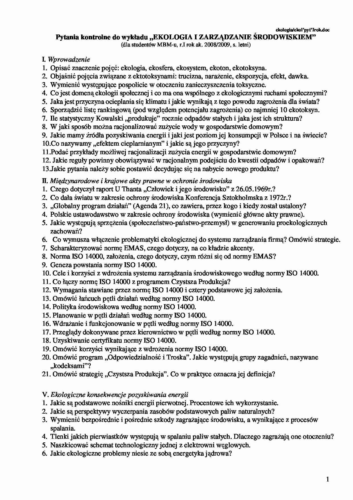 Ekologia, zarządzanie środowiskiem - pytania egzaminacyjne - strona 1