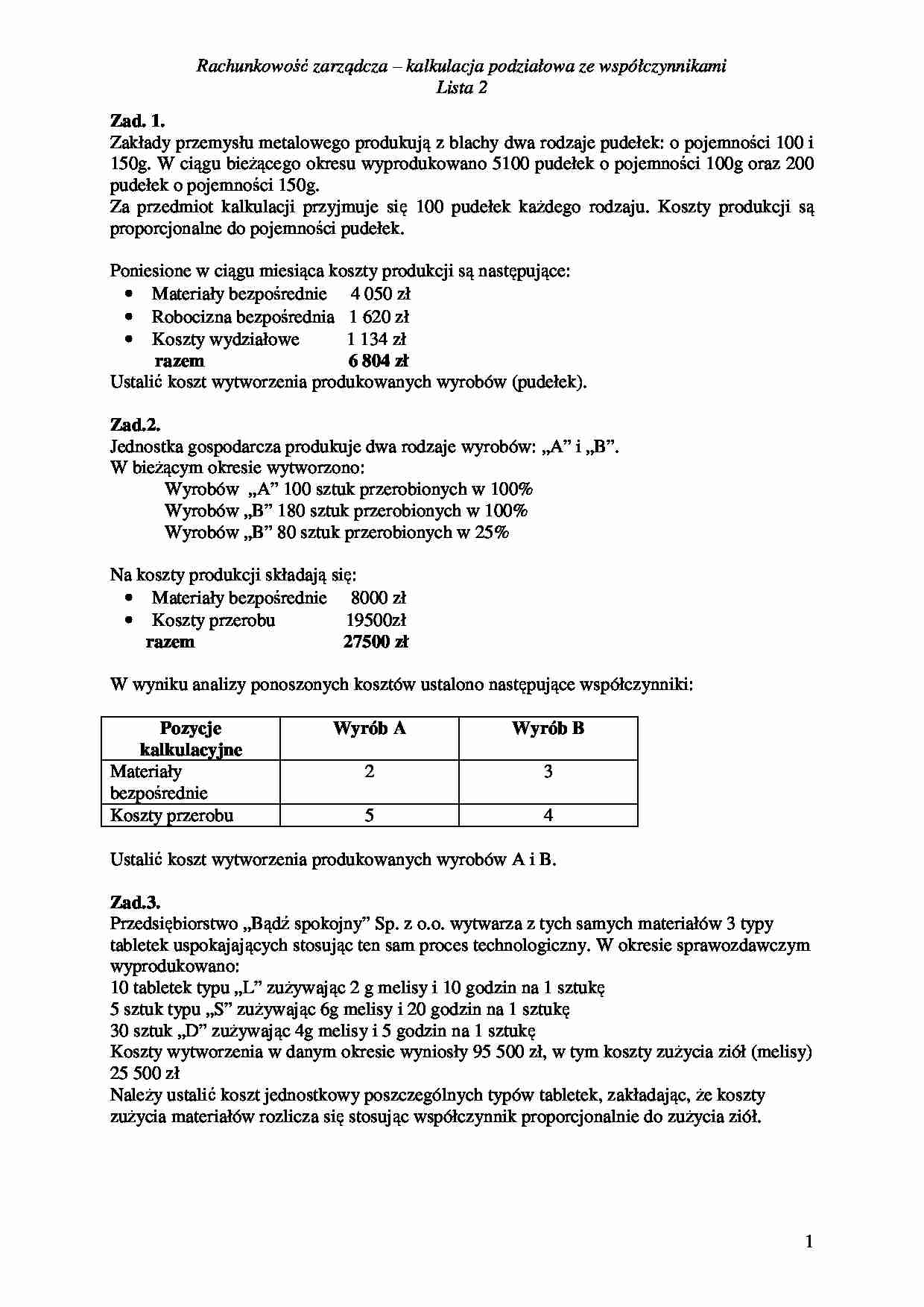 Kalkulacja podziałowa ze współczynnikami - strona 1
