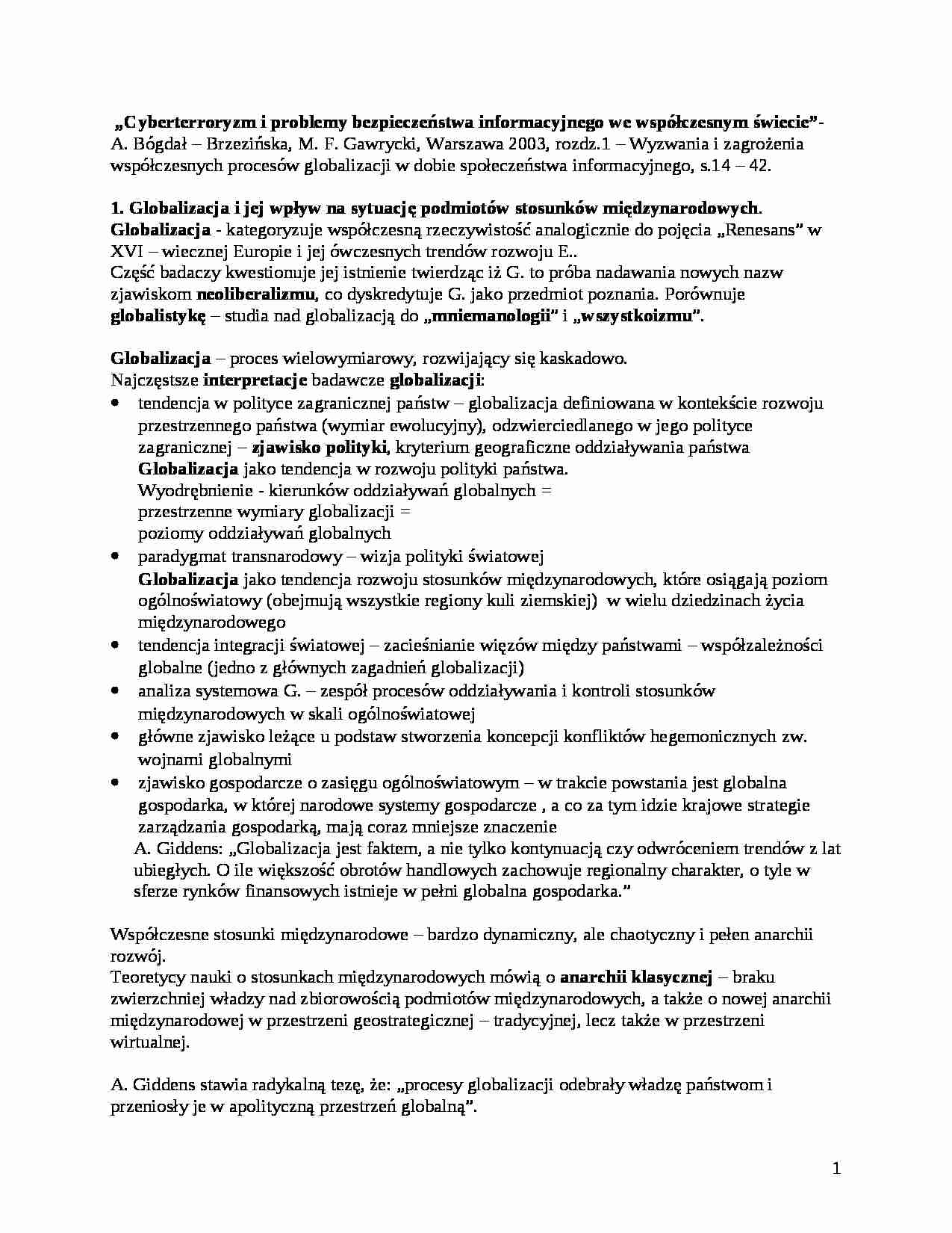 Cyberterroryzm i problemy bezpieczeństwa informacyjnego wewspó_czesnym _wiecie - A. Bógda_ - Brzezi_ska, M.F. Gawrycki - strona 1