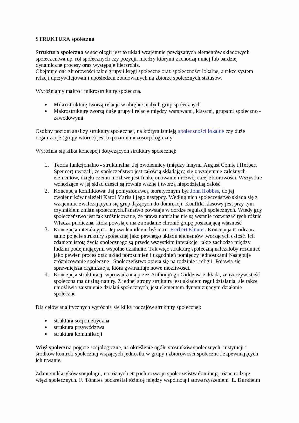 Socjologia - struktura społeczna - Więź społeczna  - strona 1