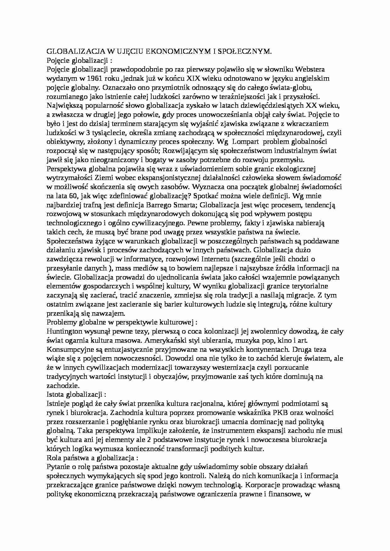 Globalizacja w ujęciu ekonomicznym i społecznym - strona 1