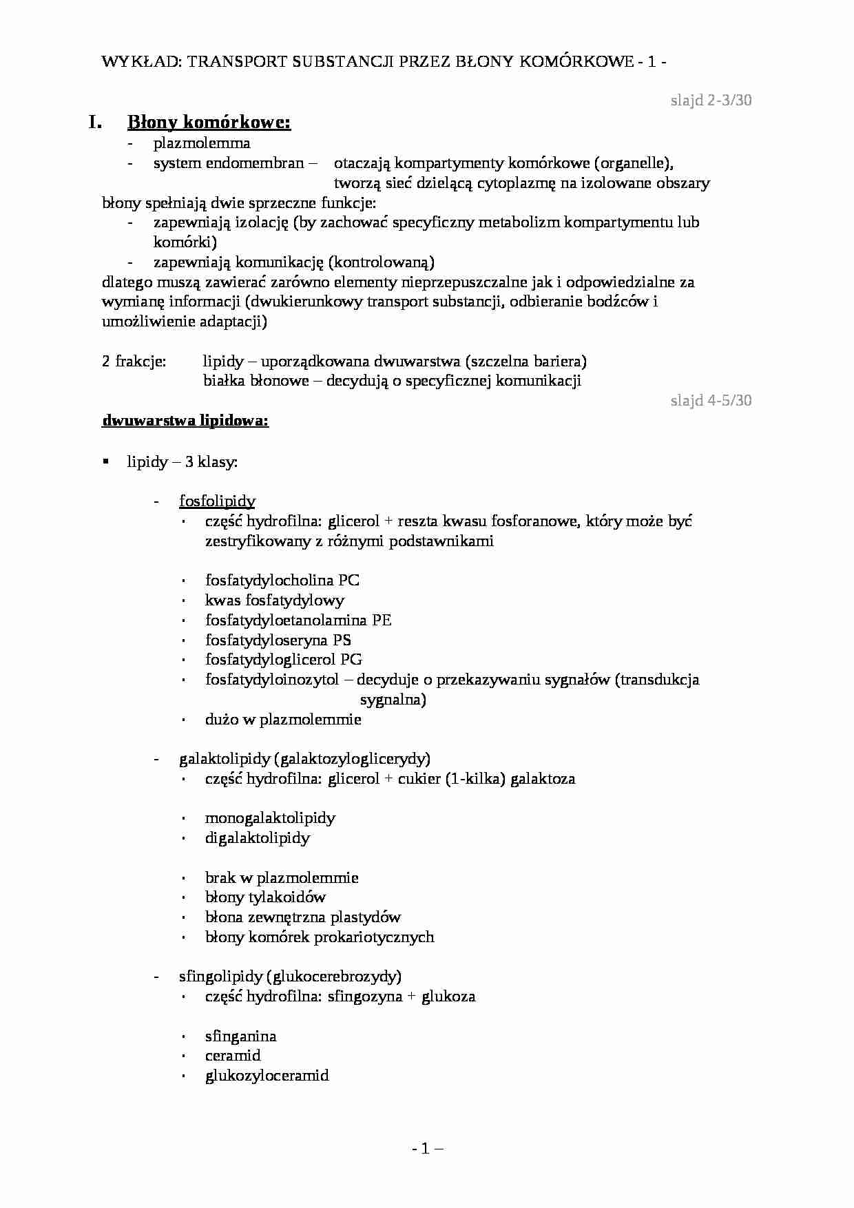 Błony komórkowe - wykład 1 - strona 1