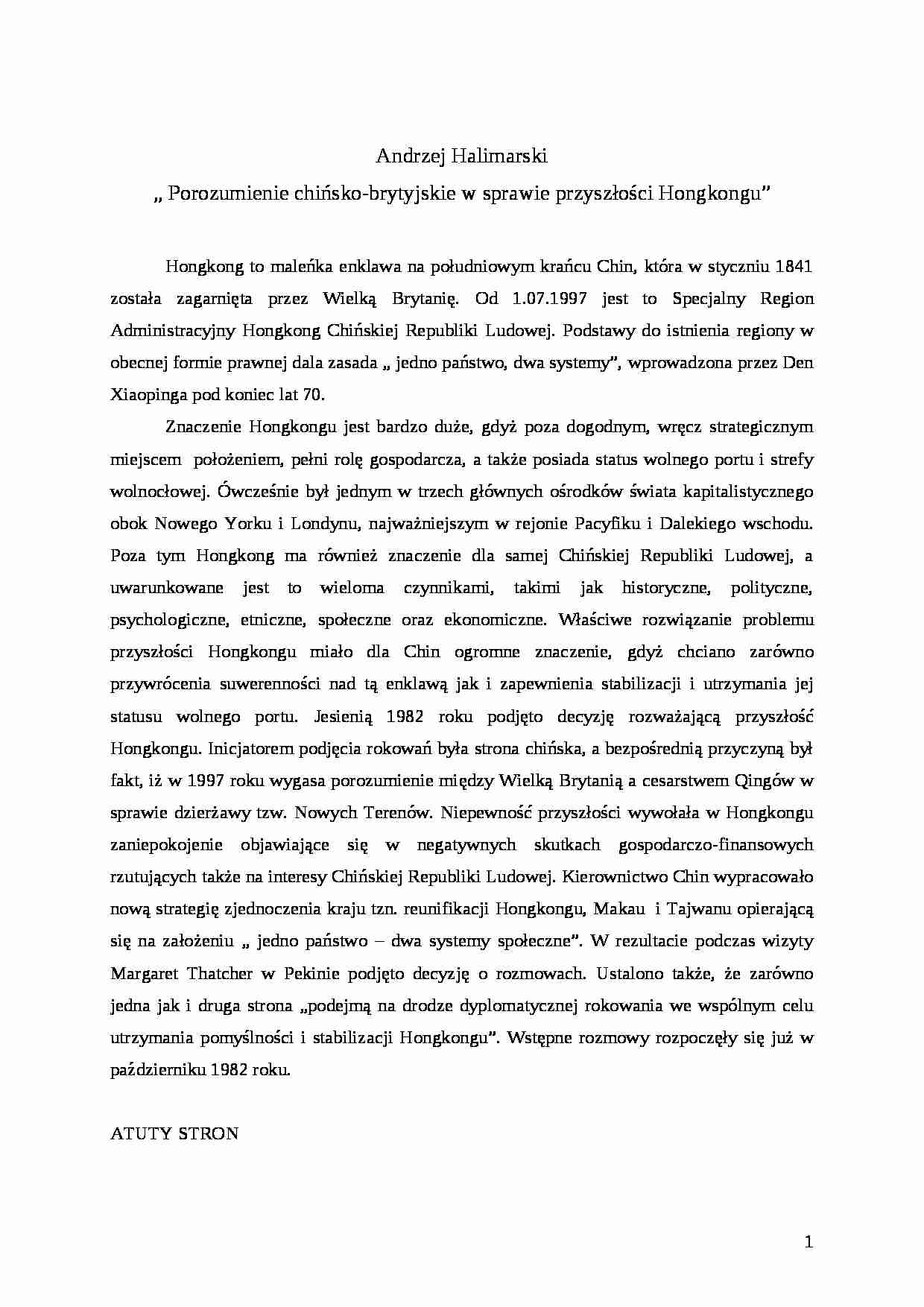 Porozumienie chińsko-brytyjskie - przyszłość Hongkongu - strona 1