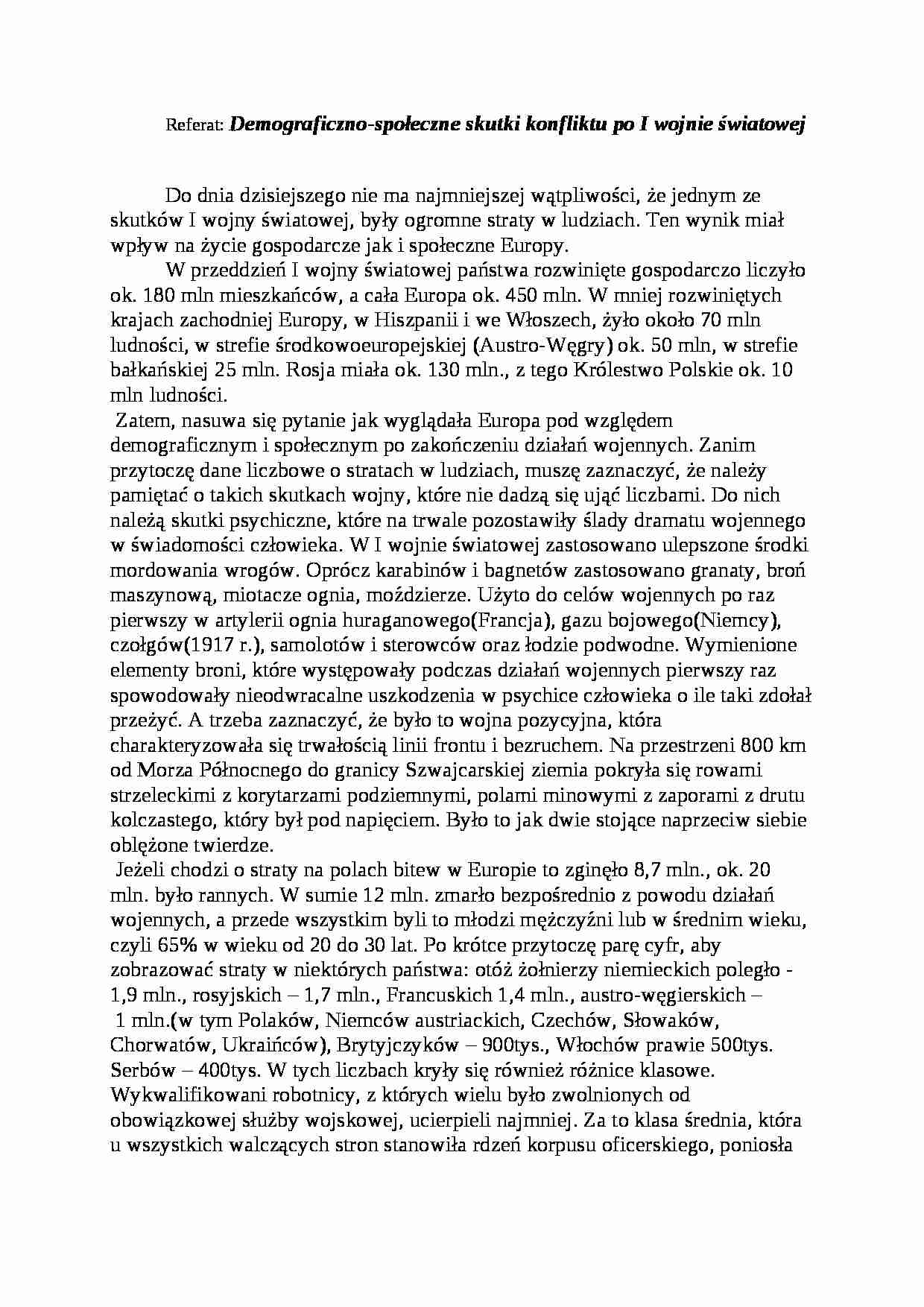 Demograficzno-społeczne skutki konfliktu po I wojnie - strona 1