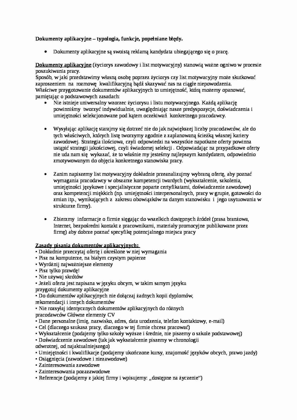 Dokumenty aplikacyjne - Zasady pisania, typologia, funkcje - strona 1