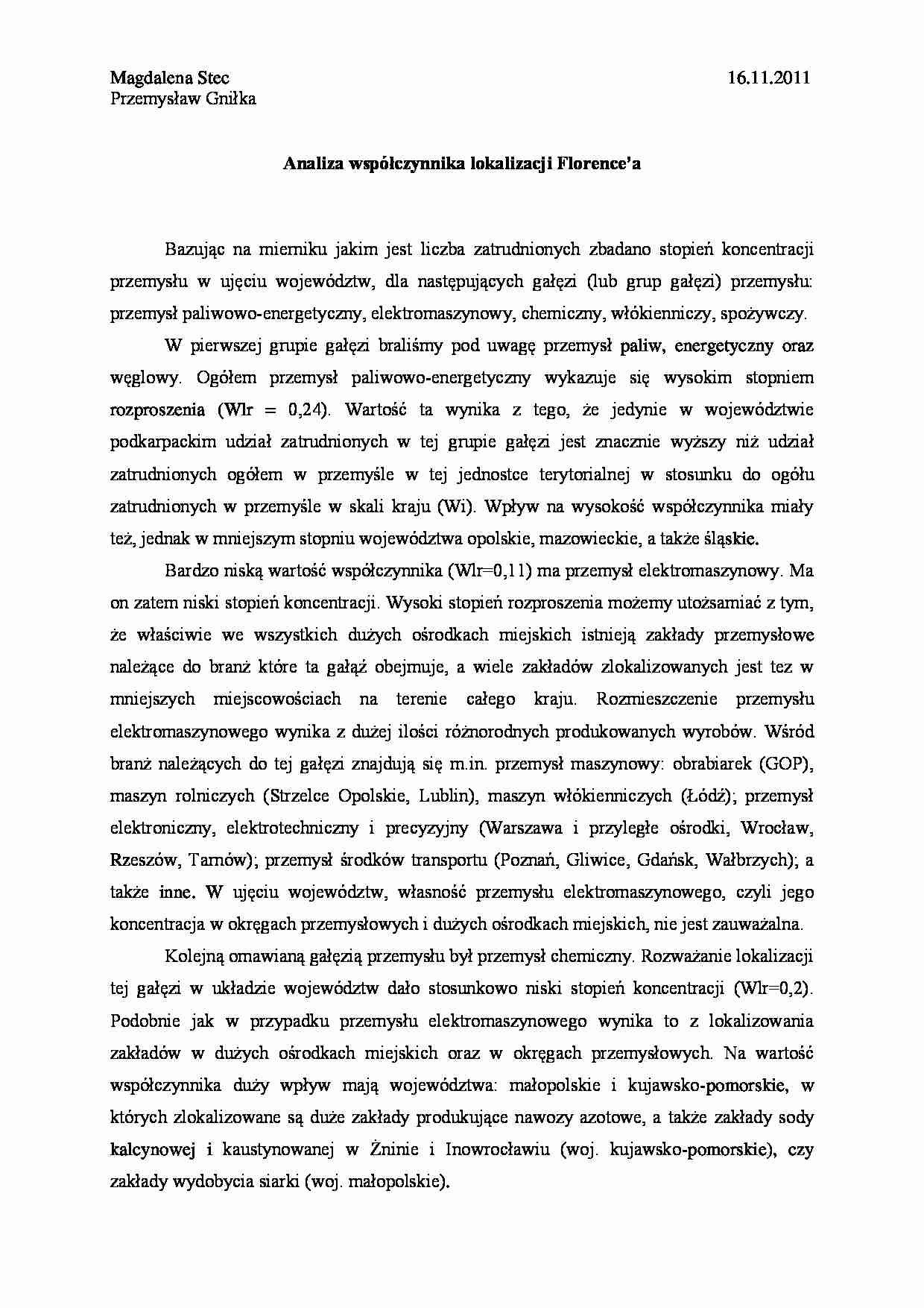 Analiza współczynnika lokalizacji Florence'a - strona 1