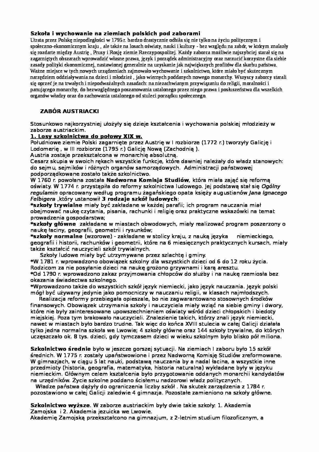 Wychowanie na ziemiach polskich pod zaborami - strona 1