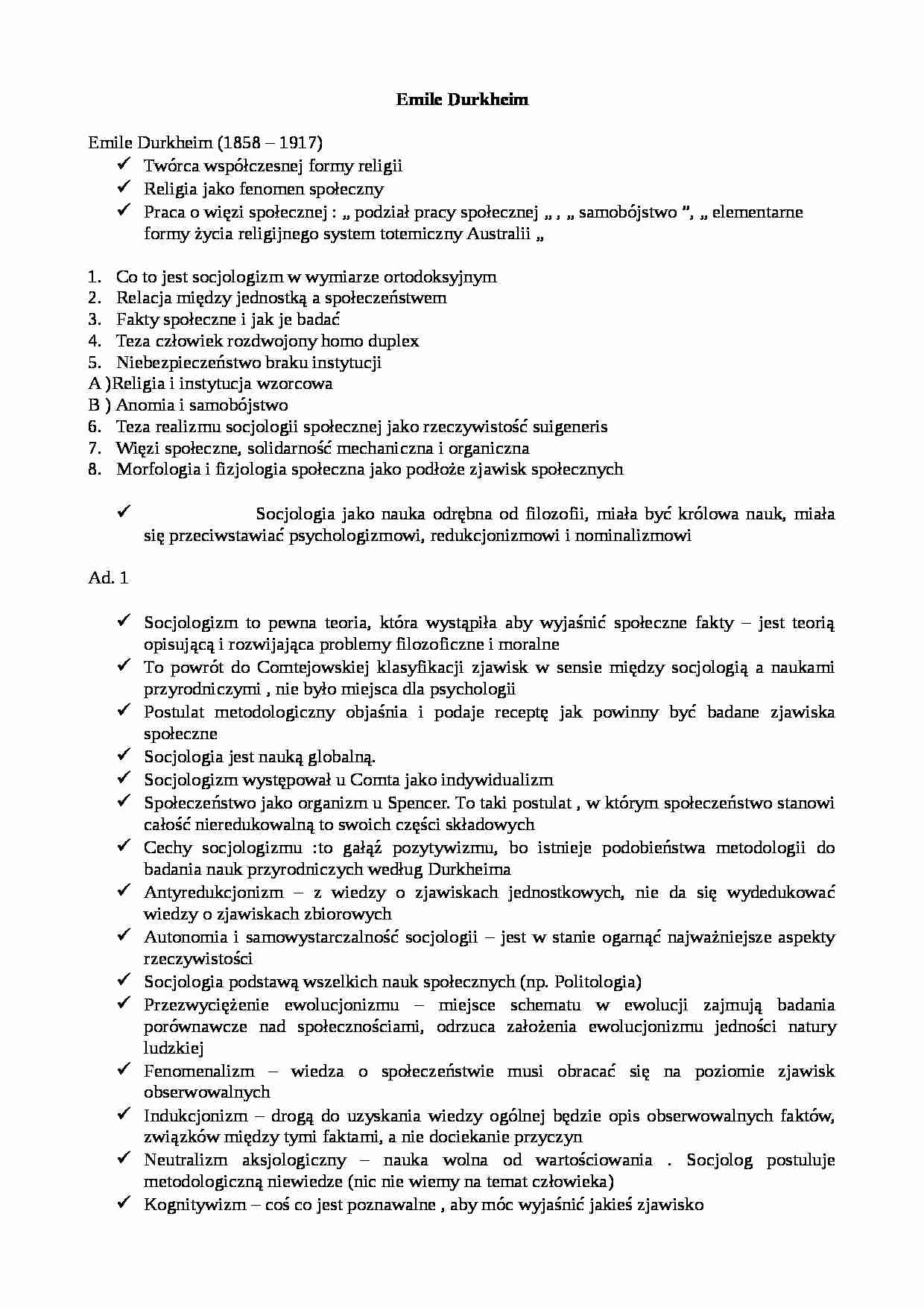 Historia myśli socjologicznej - Emile Durkheim - strona 1