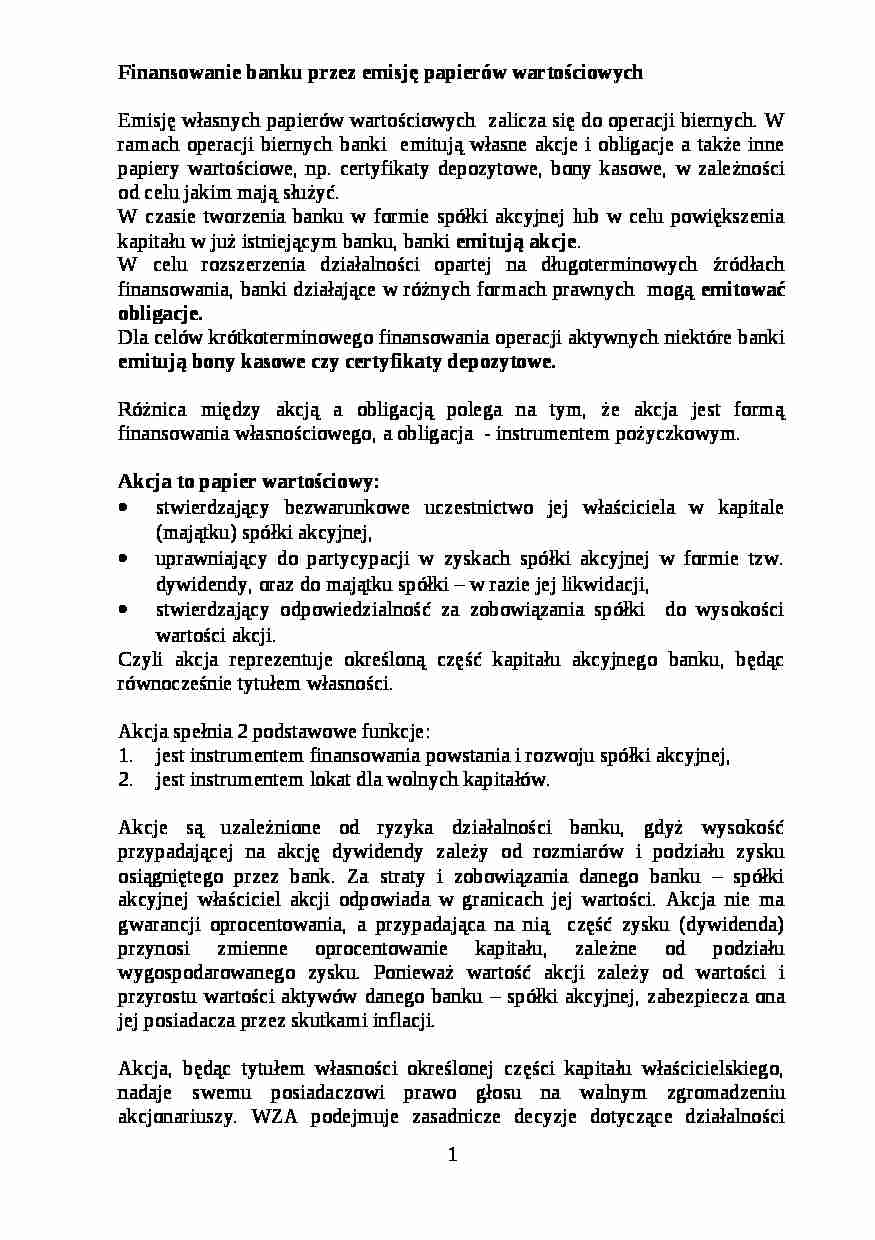Finansowanie banku przez emisję papierów wartościowych - Akcja - strona 1