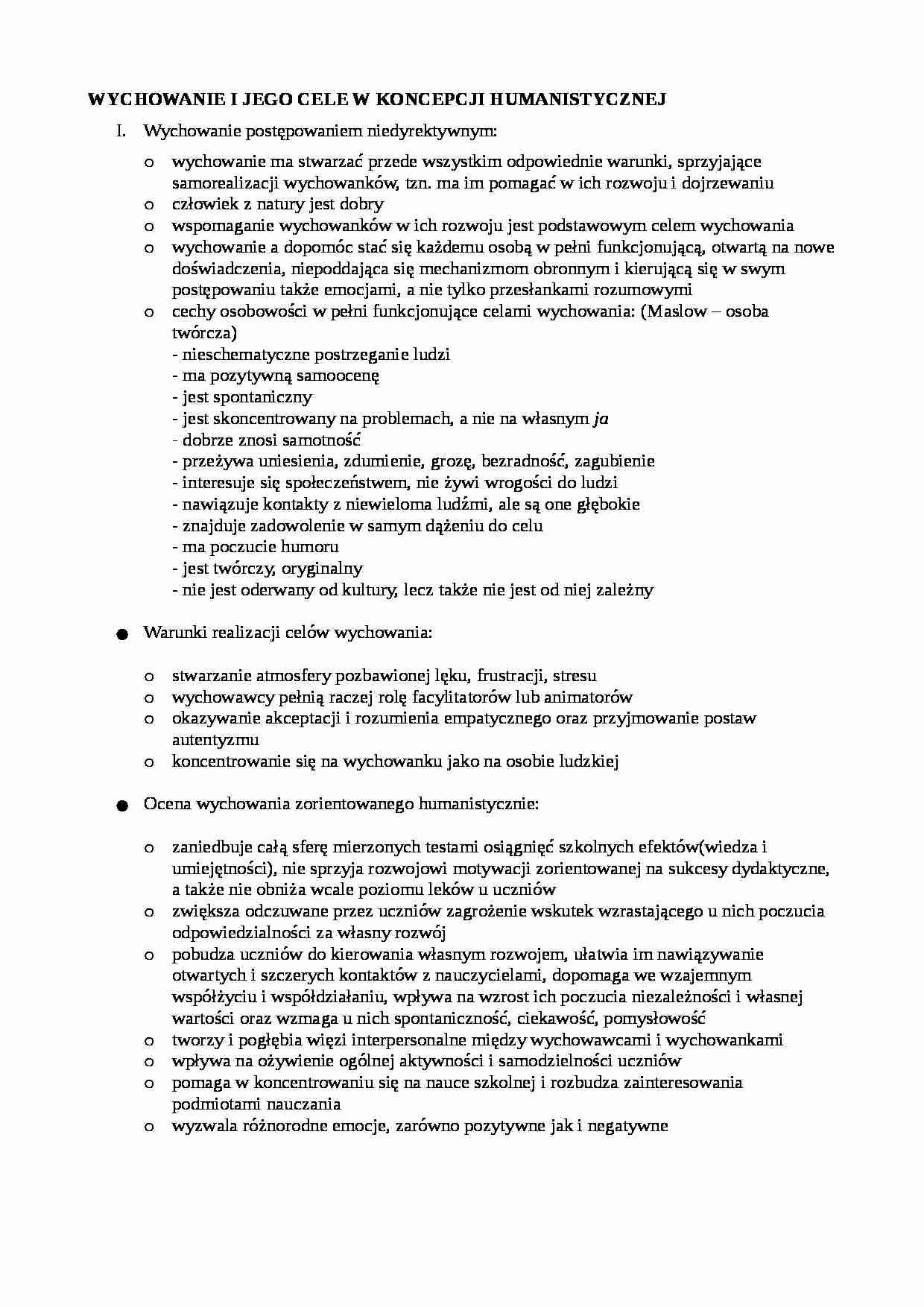 Wychowanie i jego cele wg koncepcji humanistycznej - strona 1