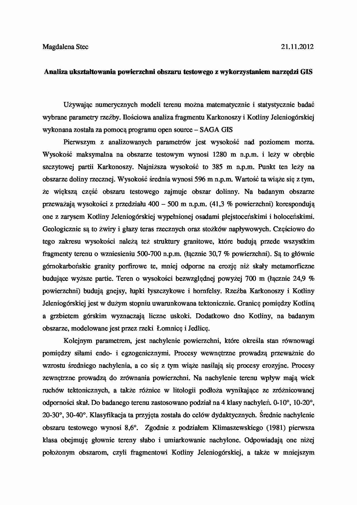 Analiza ukształtowania powierzchni obszaru testowego z wykorzystaniem narzędzi GIS - strona 1