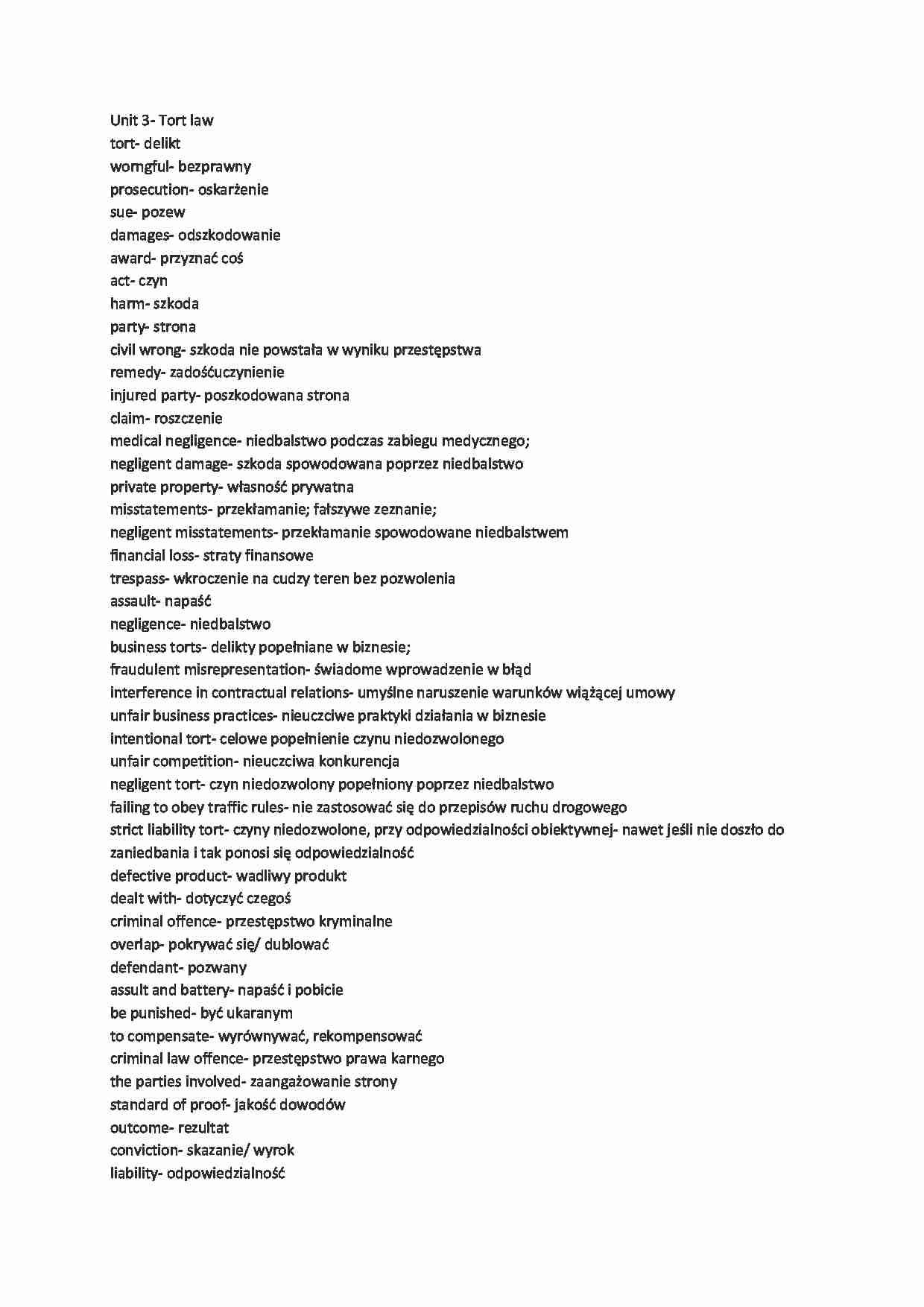 Unit 3 Tort law- słówka - strona 1