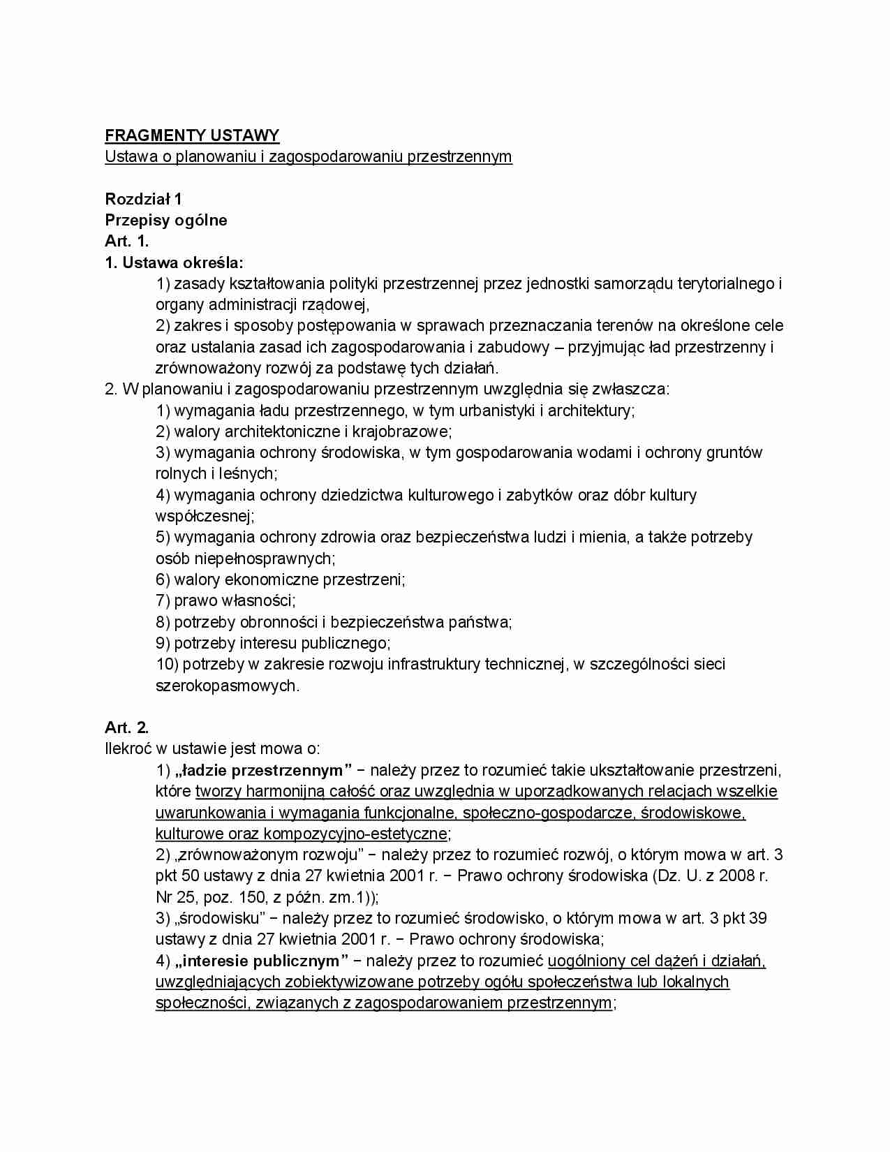  Fragmenty ustawy o planowaniu i zagospodarowaniu przestrzennym - strona 1
