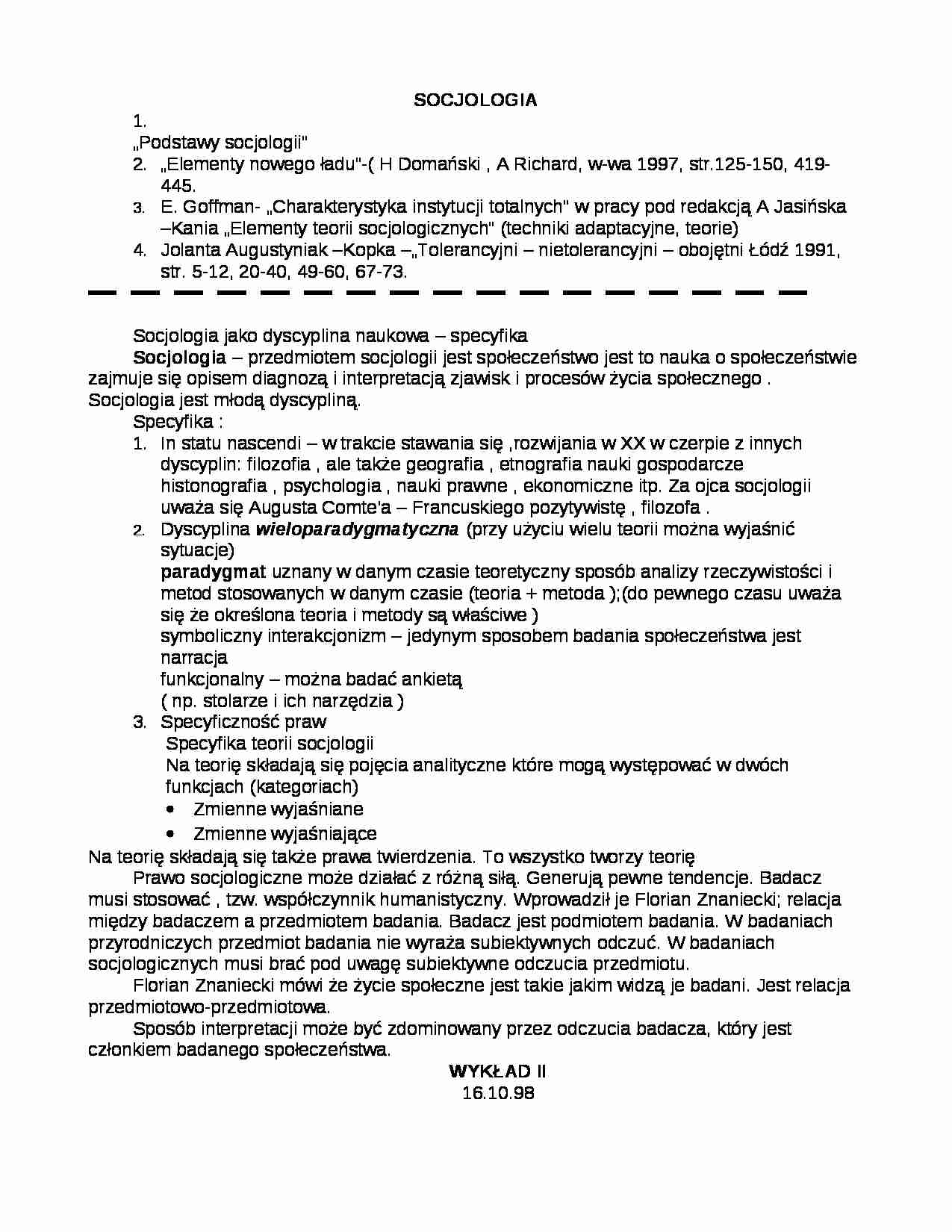 Podstawy socjologii, wykłady - strona 1