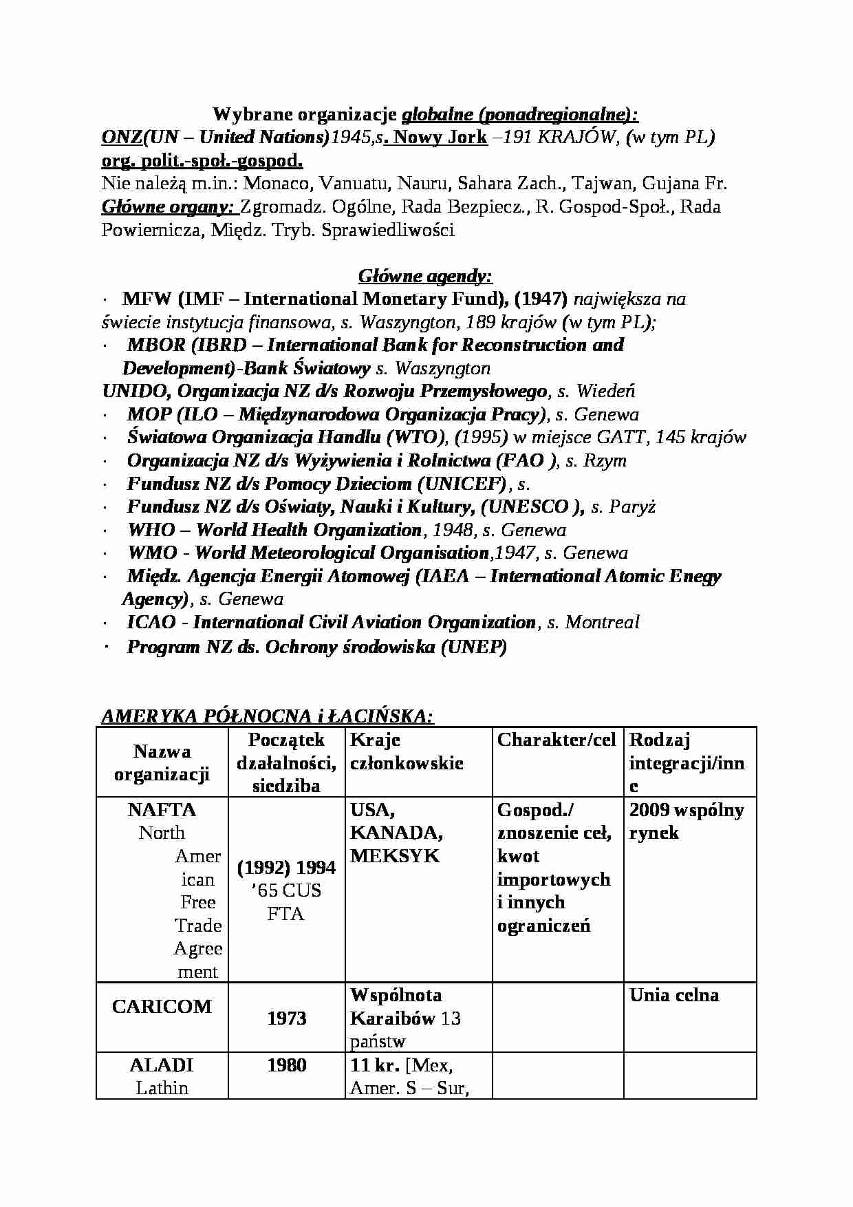 Wybrane organizacje globalne (ponadregionalne) - strona 1