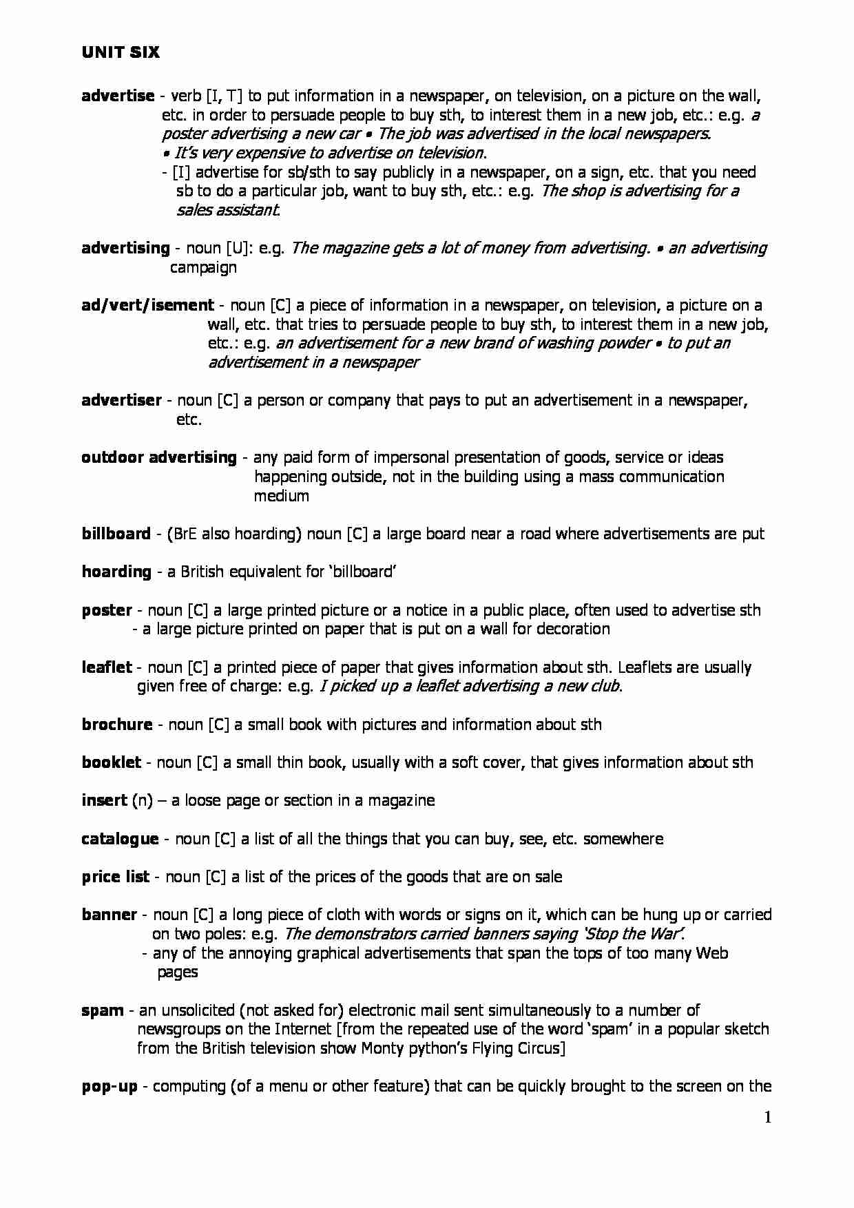 INTELLIGENT BUSINESS UPPER - INTERMEDIATE  VOCABULARY LIST  UNIT SIX.doc - strona 1