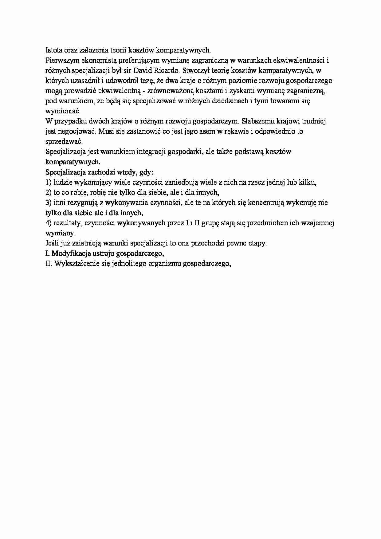 Istota oraz założenia teorii kosztw komparatywnych - strona 1