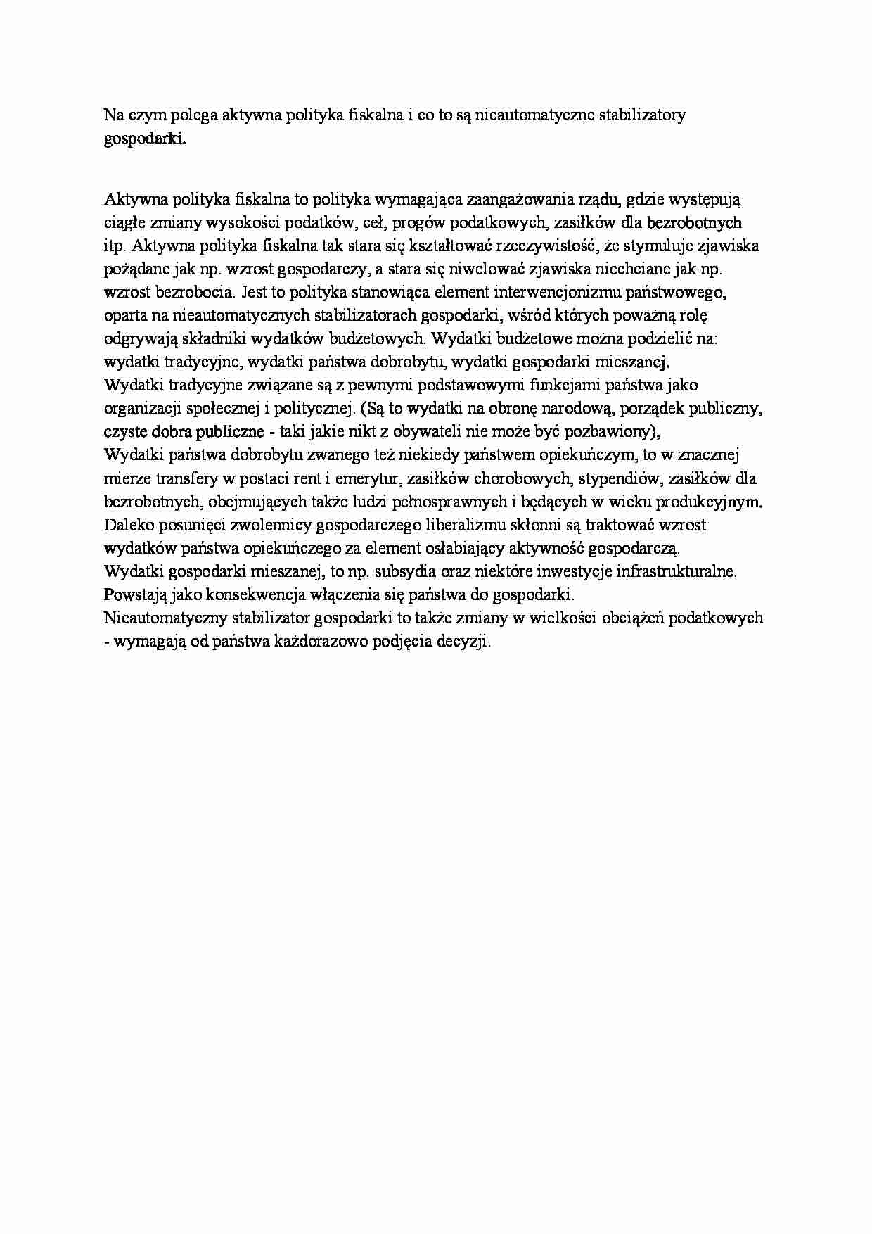 Na czym polega aktywna polityka fiskalna i co to są nieautomatyczne stabilizatory gospodarki - strona 1