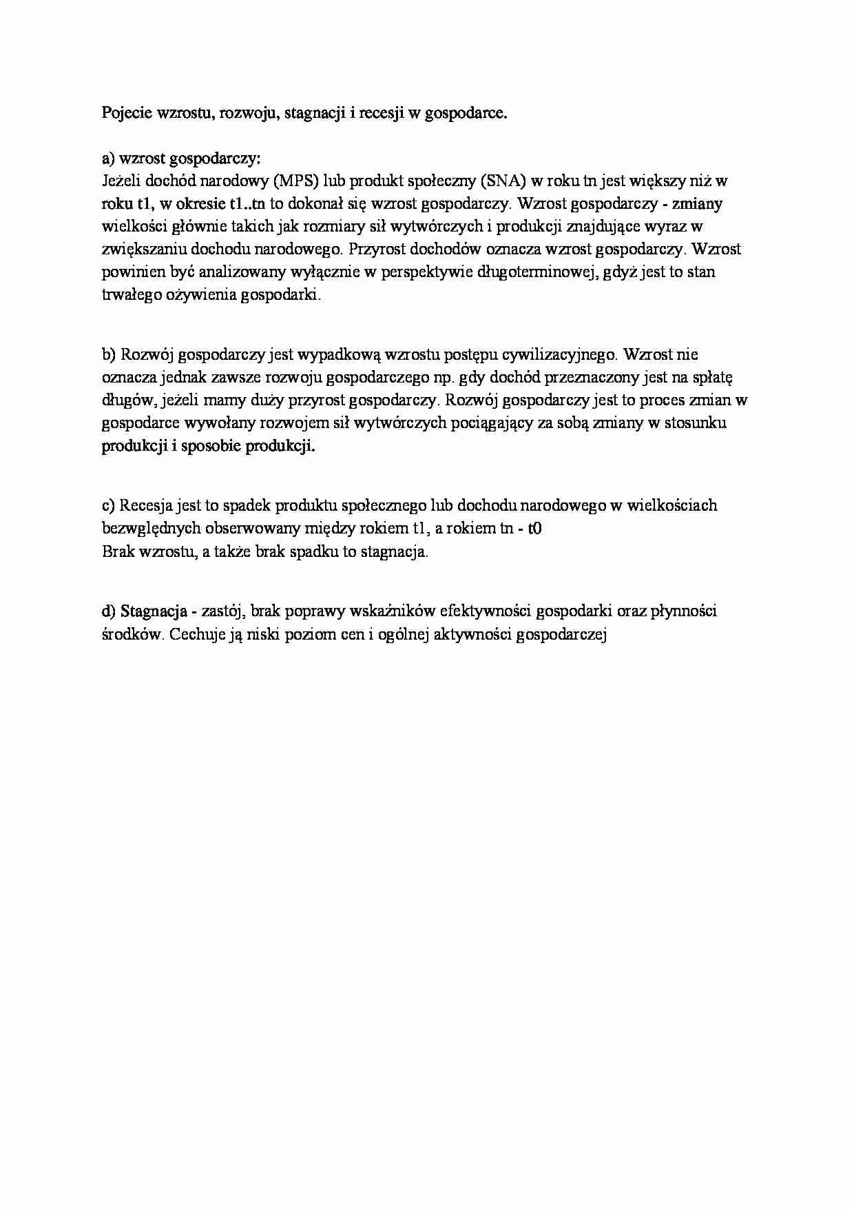 Pojęcie wzrostu, rozwoju, stagnacji i recesji w gospodarce - strona 1