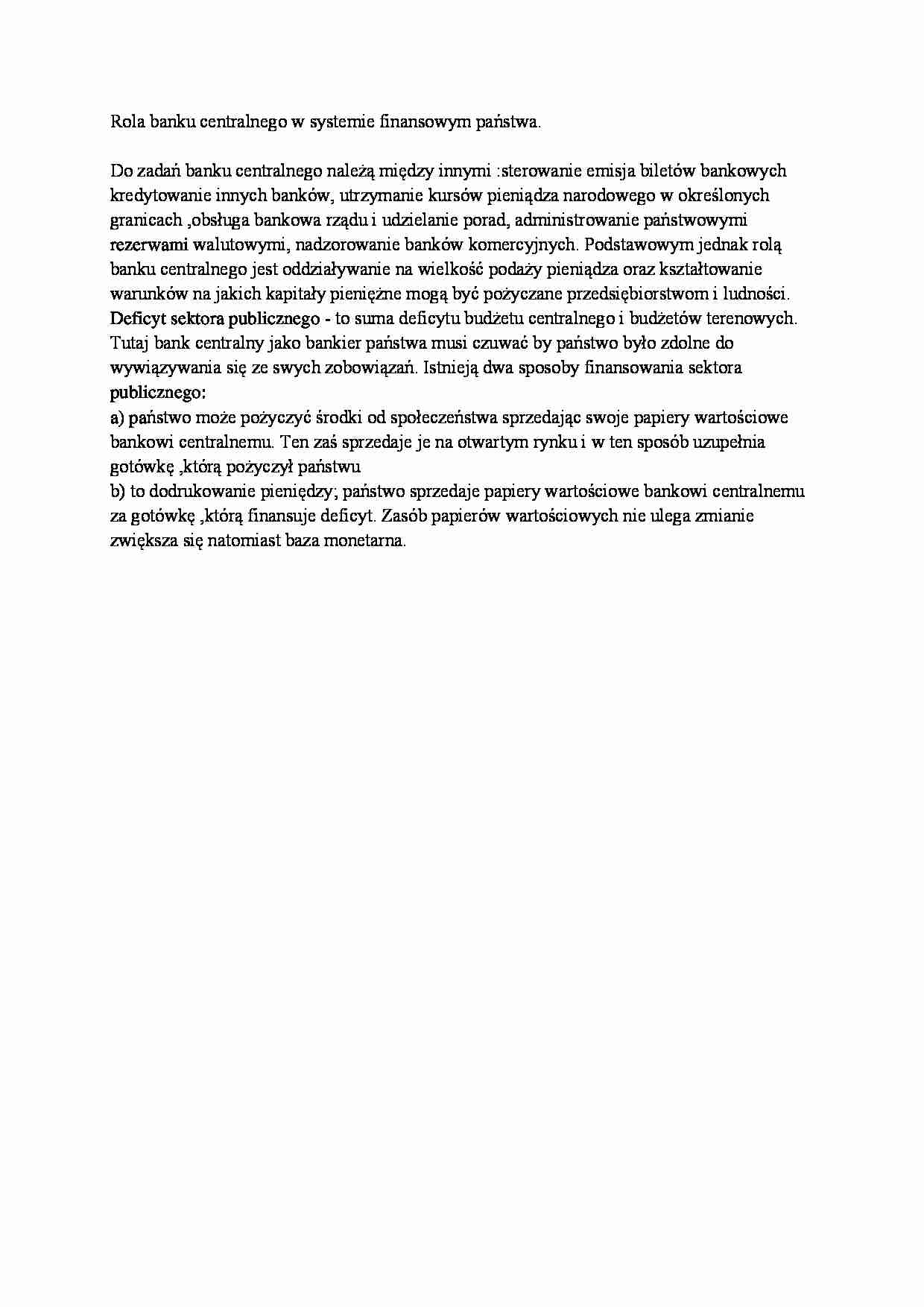 Rola banku centralnego w systemie finansowym państwa - strona 1
