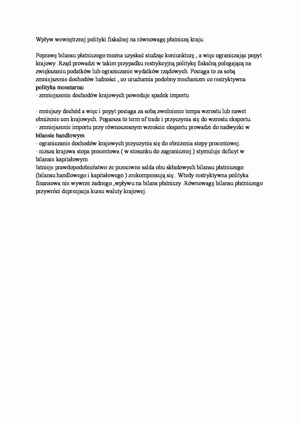 Wpływ wewnętrznej polityki fiskalnej na równowagę płatniczą kraju - strona 1