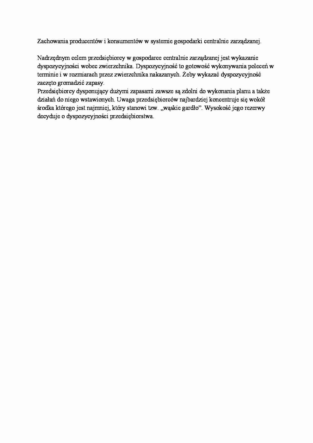 Zachowania producentów i konsumentów w systemie gospodarki centralnie zarządzanej - strona 1