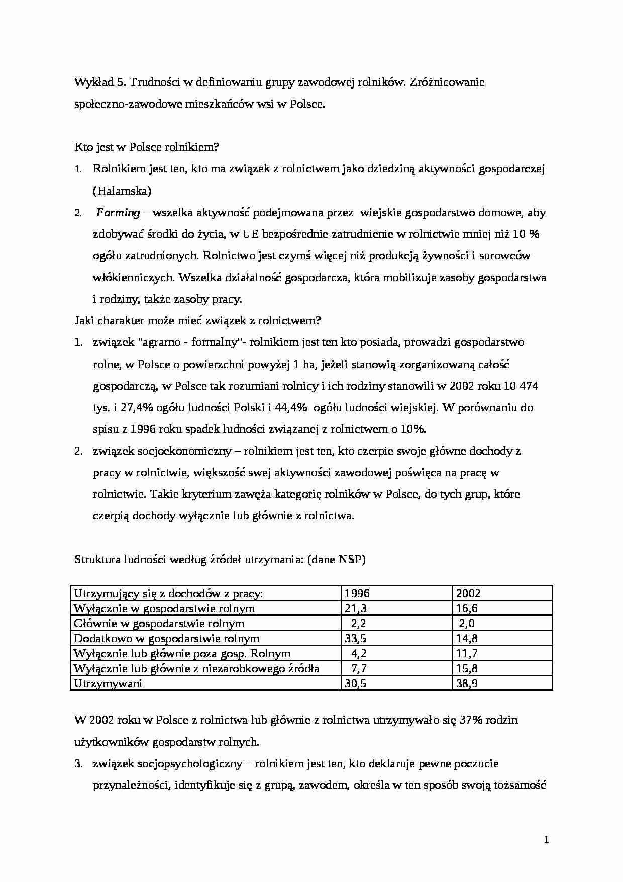Socjologia wsi - wykład 5 - strona 1