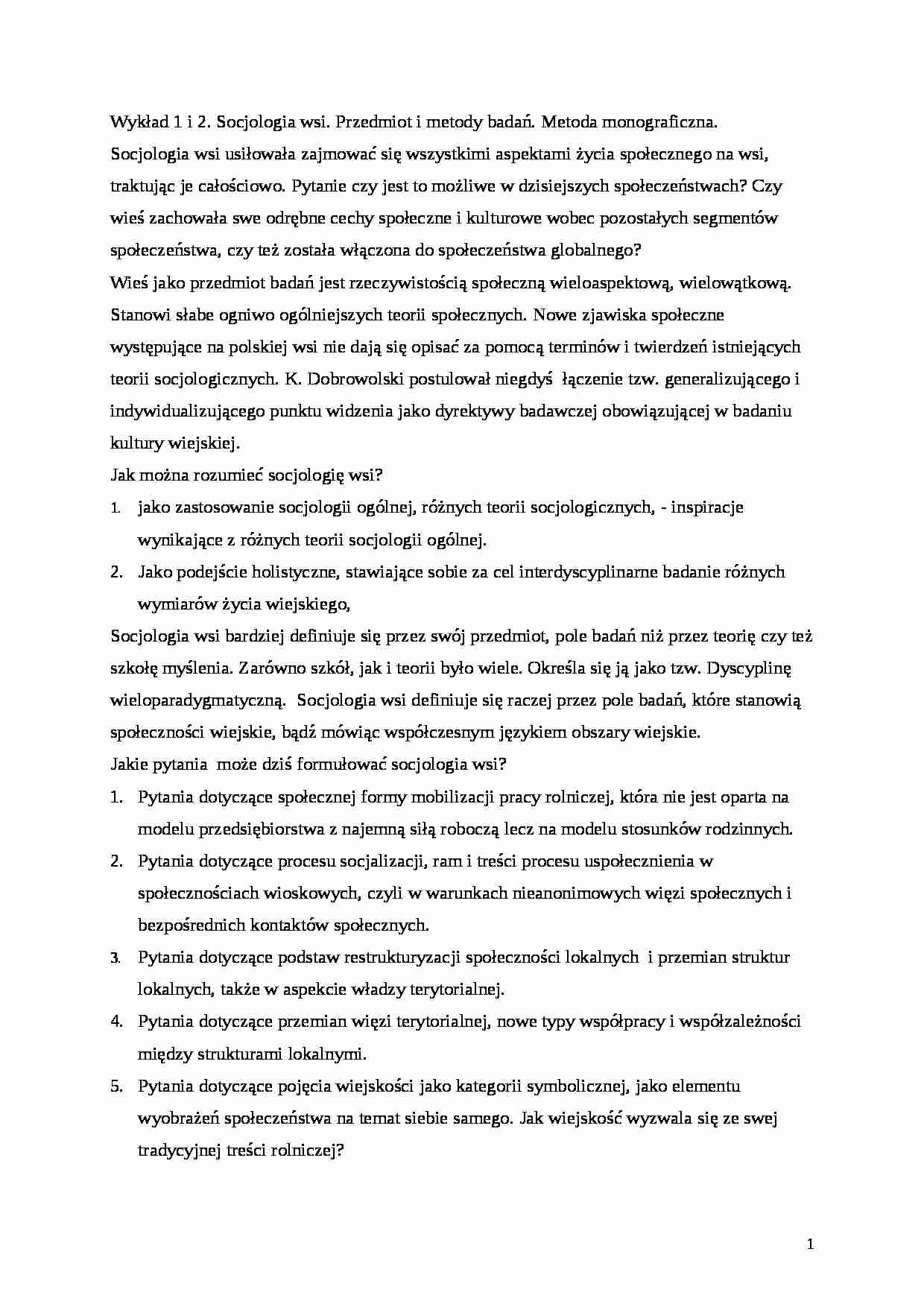 Socjologia wsi - wykład 1 i 2 - strona 1