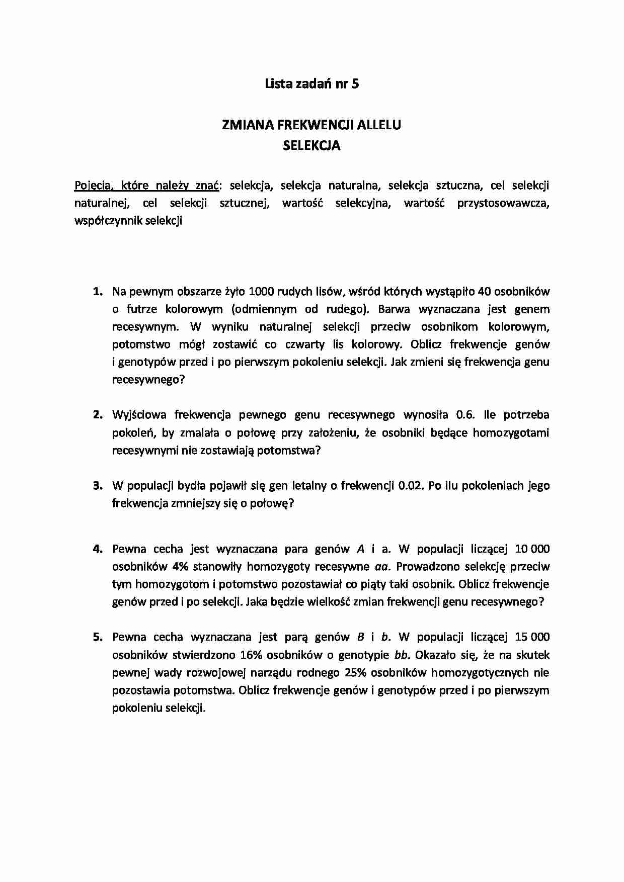Zmiana frekwencji allelu (selekcja) - lista zadań 5 - strona 1