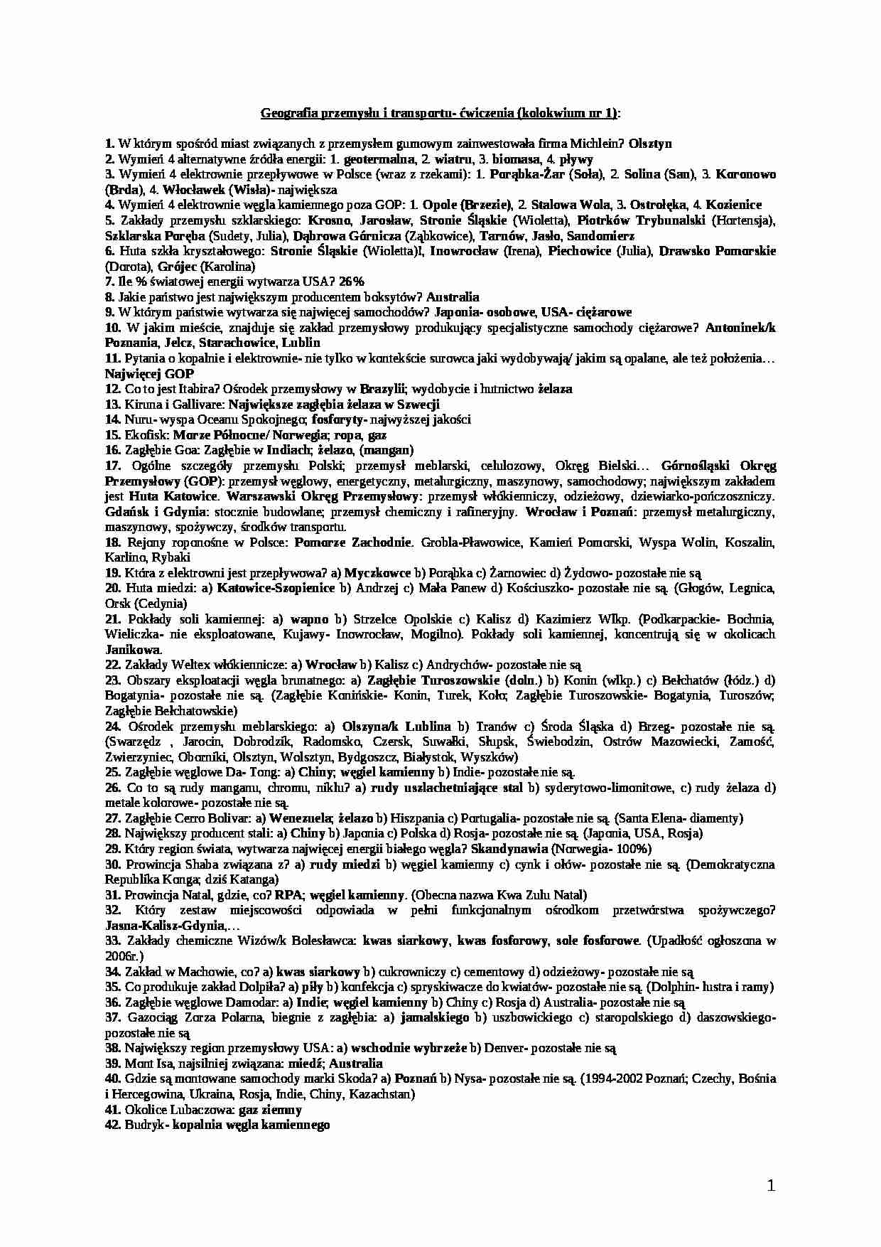 Geografia przemysłu i transportu- ćwiczenia (kolokwium nr 1 - strona 1