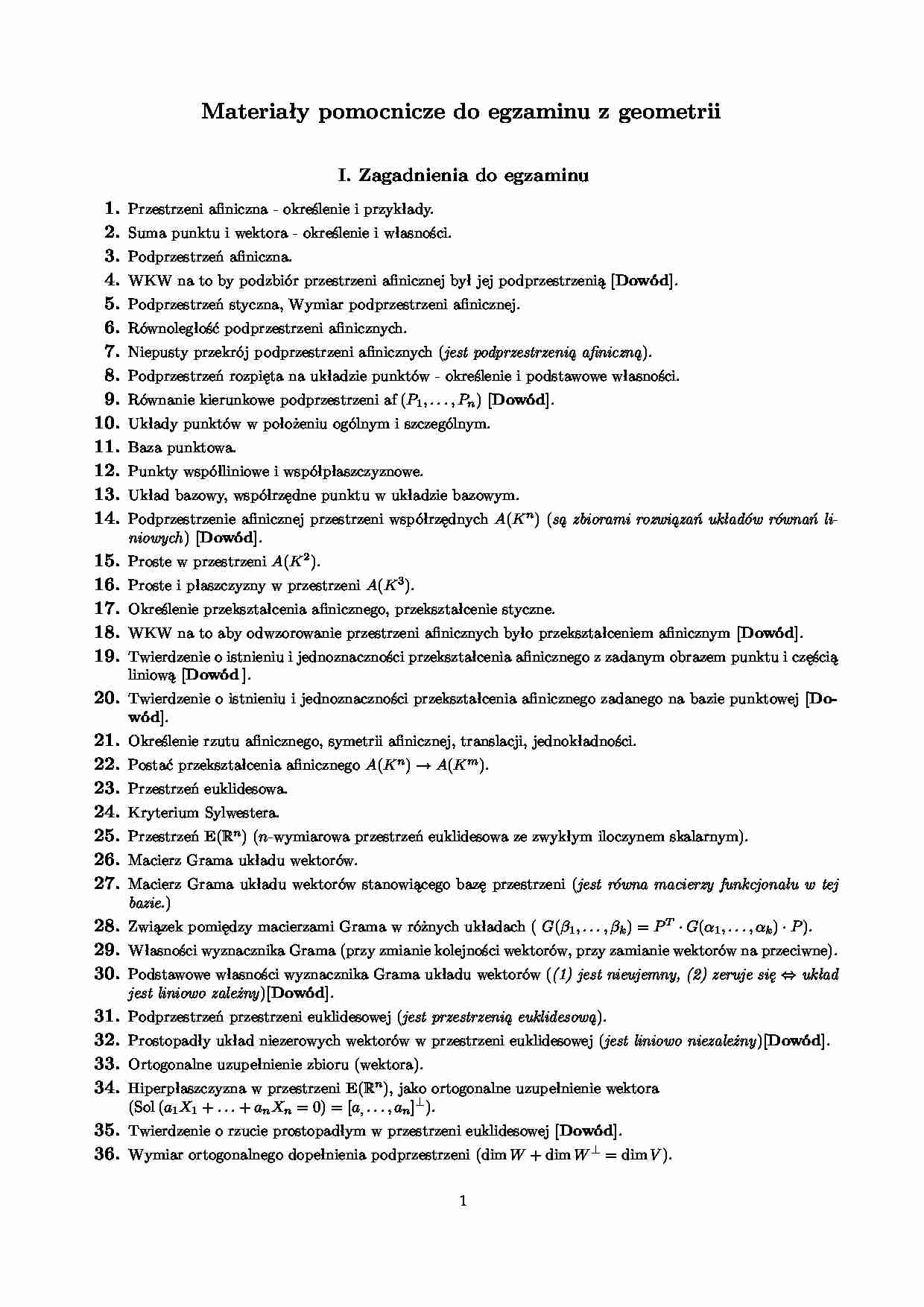 Geografia analityczna - zagadnienia i przykładowe pytania - strona 1