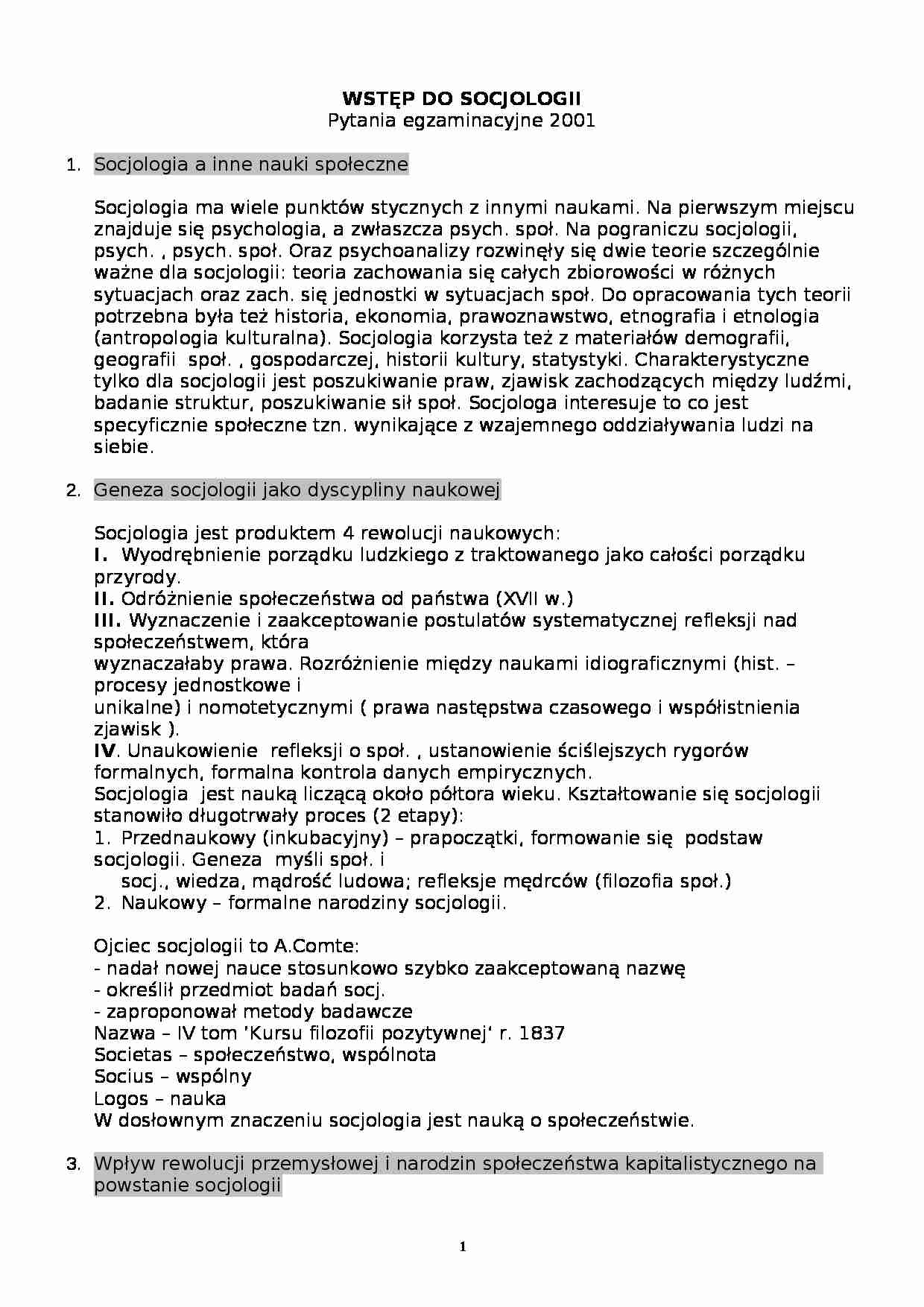 Wstęp do socjologii, pytania egzaminacyjne - strona 1
