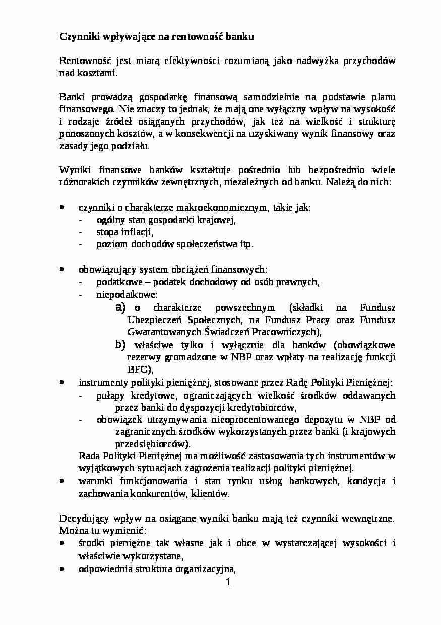 Czynniki wpływające na rentowność banku - Gospodarka finansowa - strona 1