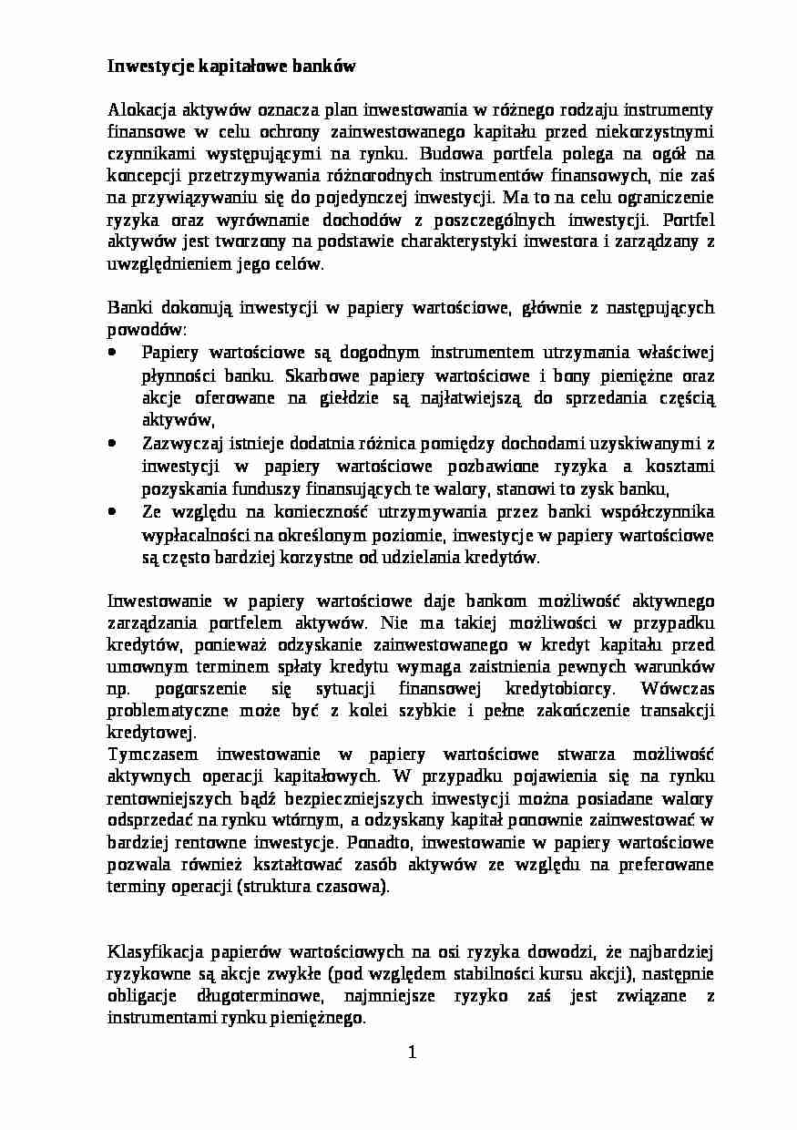 Inwestycje kapitałowe banków - Klasyfikacja papierów wartościowych  - strona 1