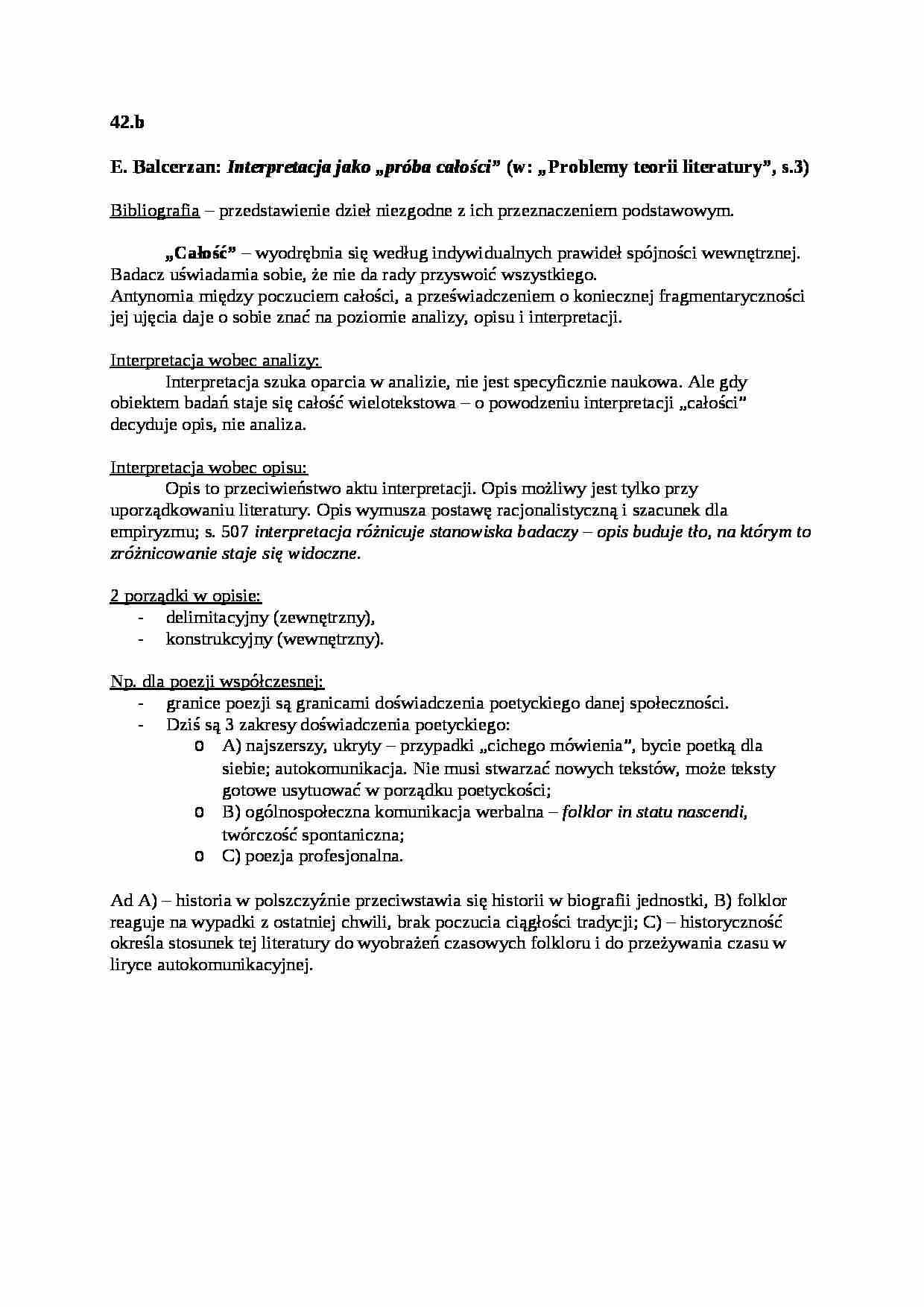 E. Balcerzan - Interpretacja jako próba całości - omówienie - strona 1