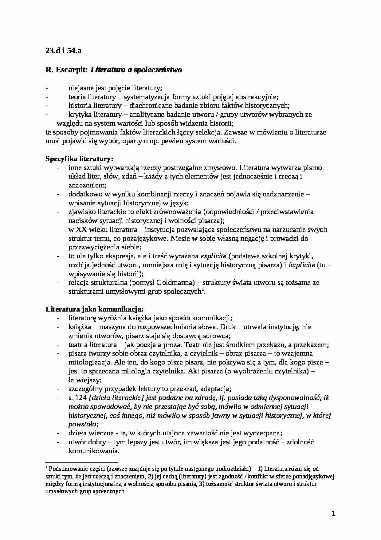 R. Escarpit -Literatura a społeczeństwo - omówienie - strona 1