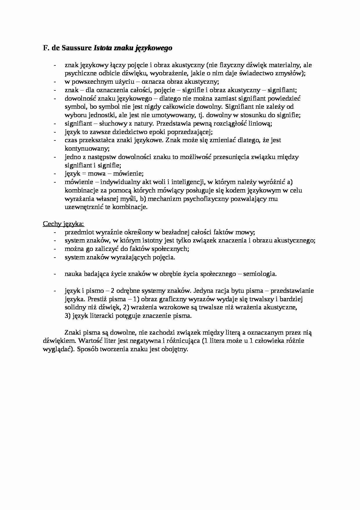 F. de Saussure - Istota znaku językowego - strona 1