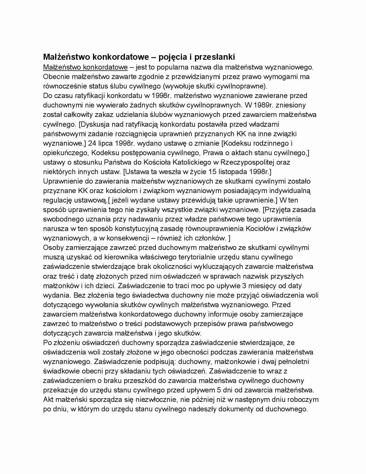 Małżeństwo konkordatowe - pojęcia i przesłanki - strona 1