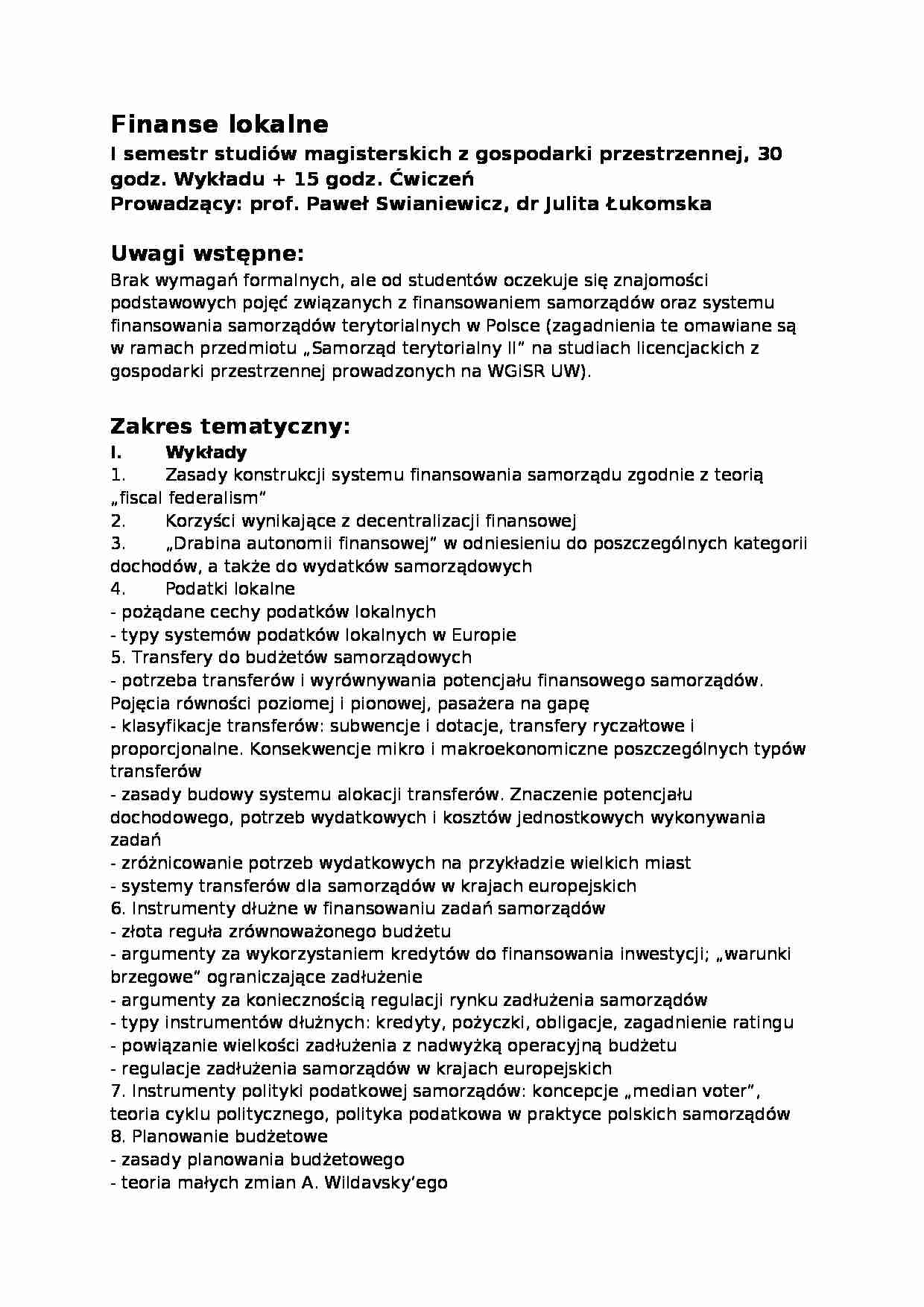 Finanse lokalne - dr Agnieszka Parlińska - kospekt - strona 1