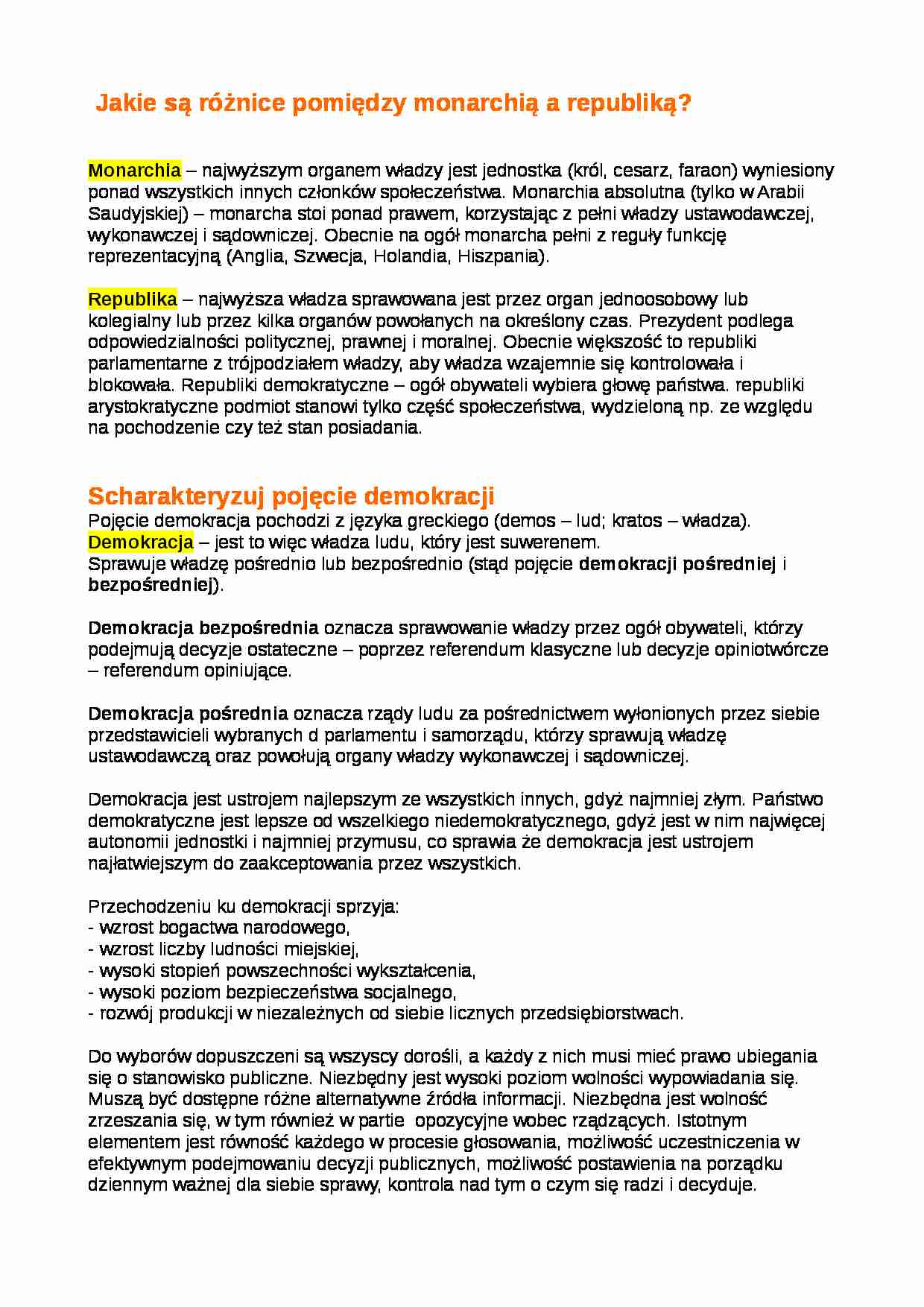Monarchia a republika. Wyjaśnienie pojęcia demokracji. - strona 1