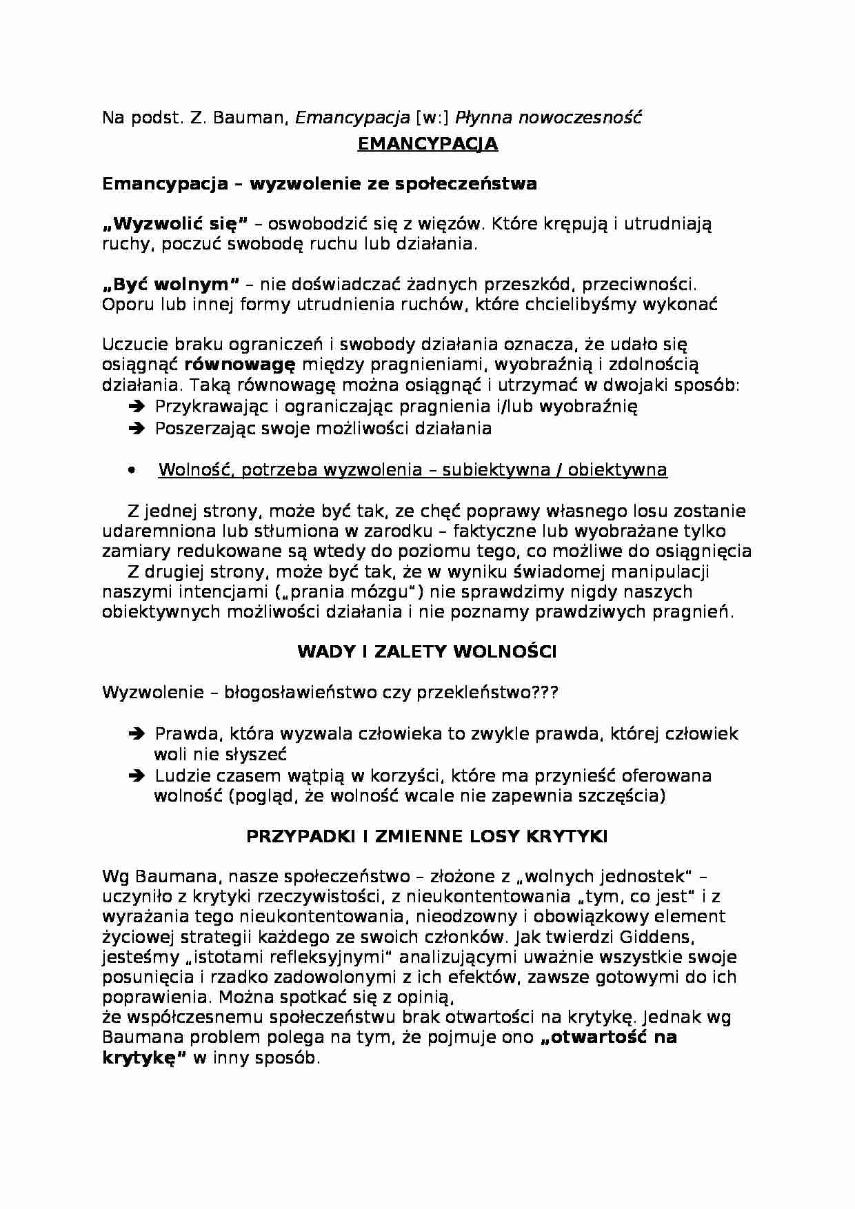 Bauman - Emancypacja - Płynna nowoczesność - opracowanie - strona 1