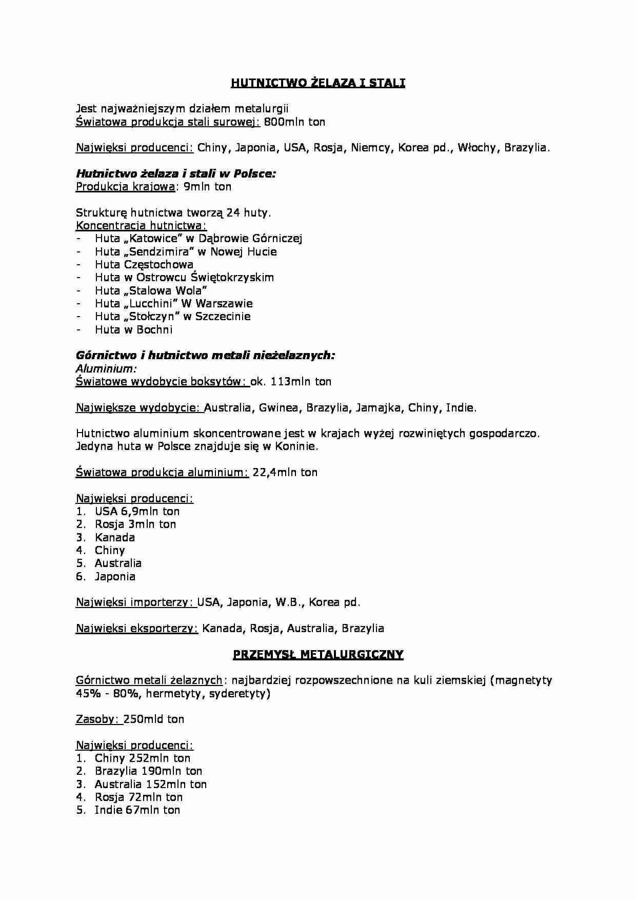 Hutnictwo żelaza i stali oraz przemysł metalurgiczny - strona 1