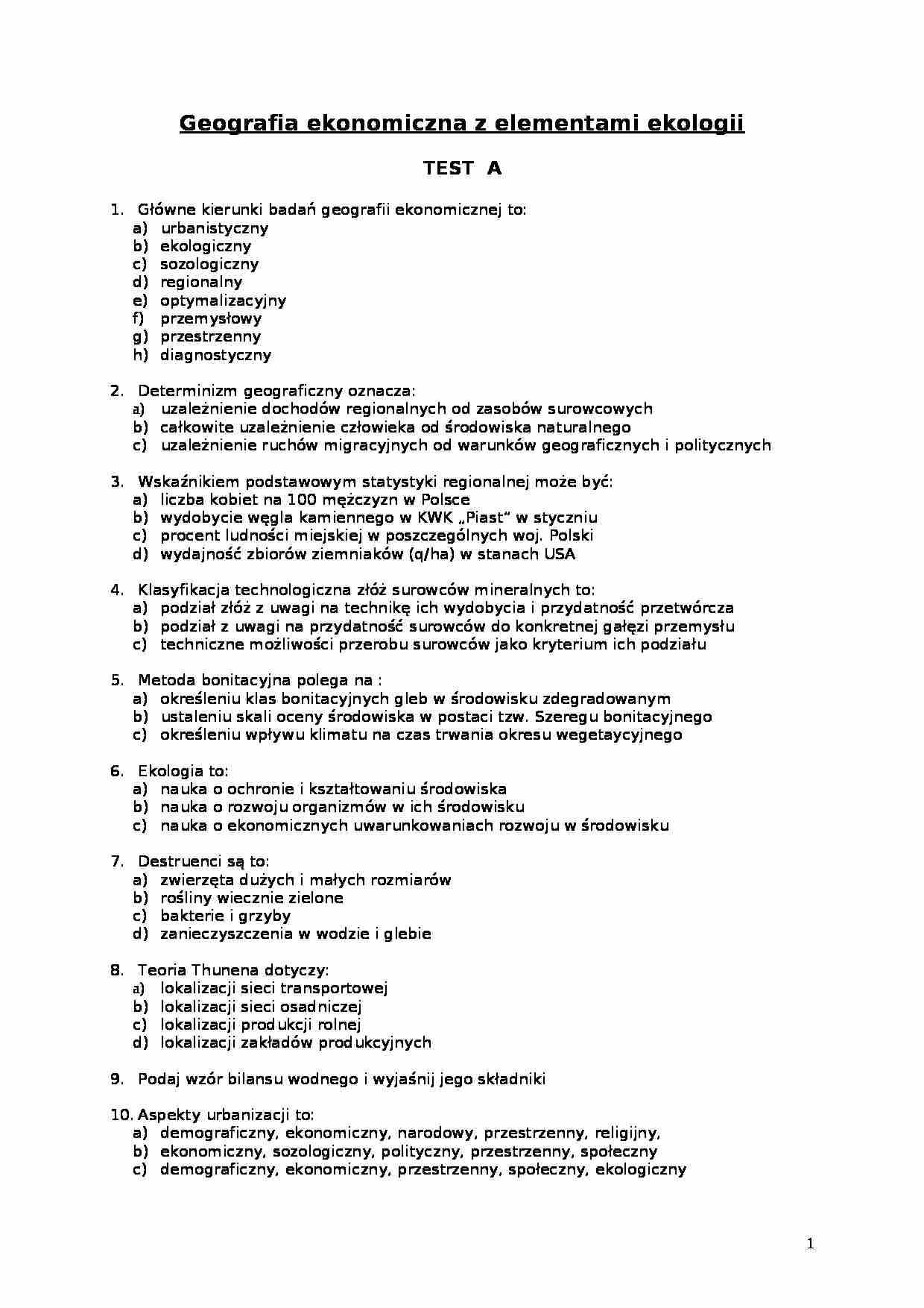Test A-D z geografii gospodarczej - strona 1