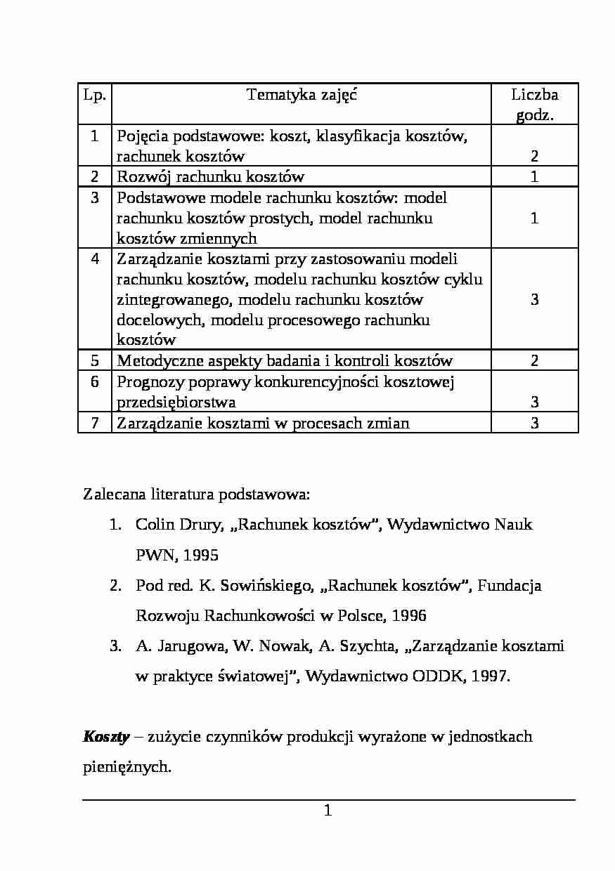 Koszt, klasyfikacja kosztów, rachunek kosztów - strona 1