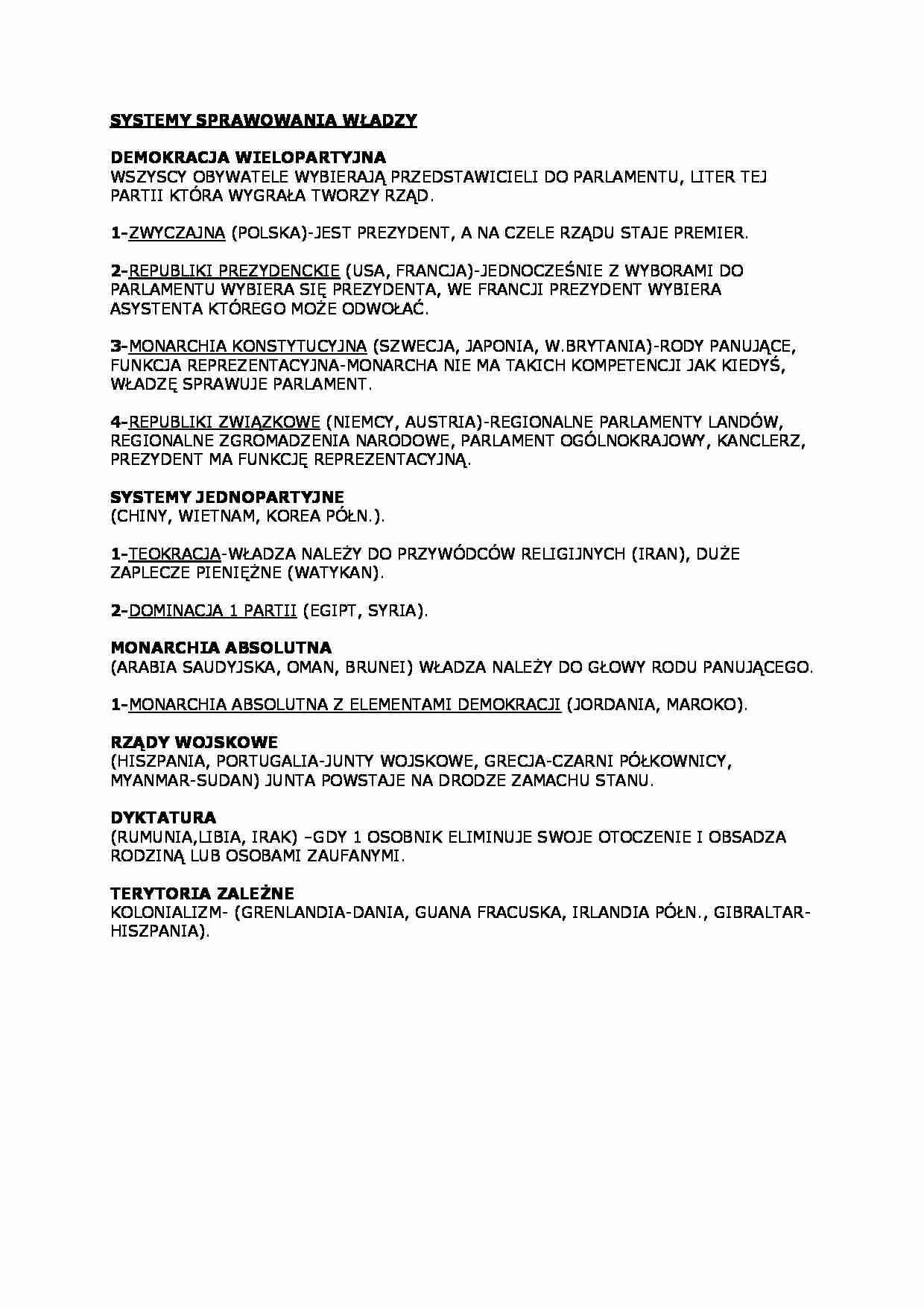 SYSTEMY SPRAWOWANIA WŁADZY - strona 1