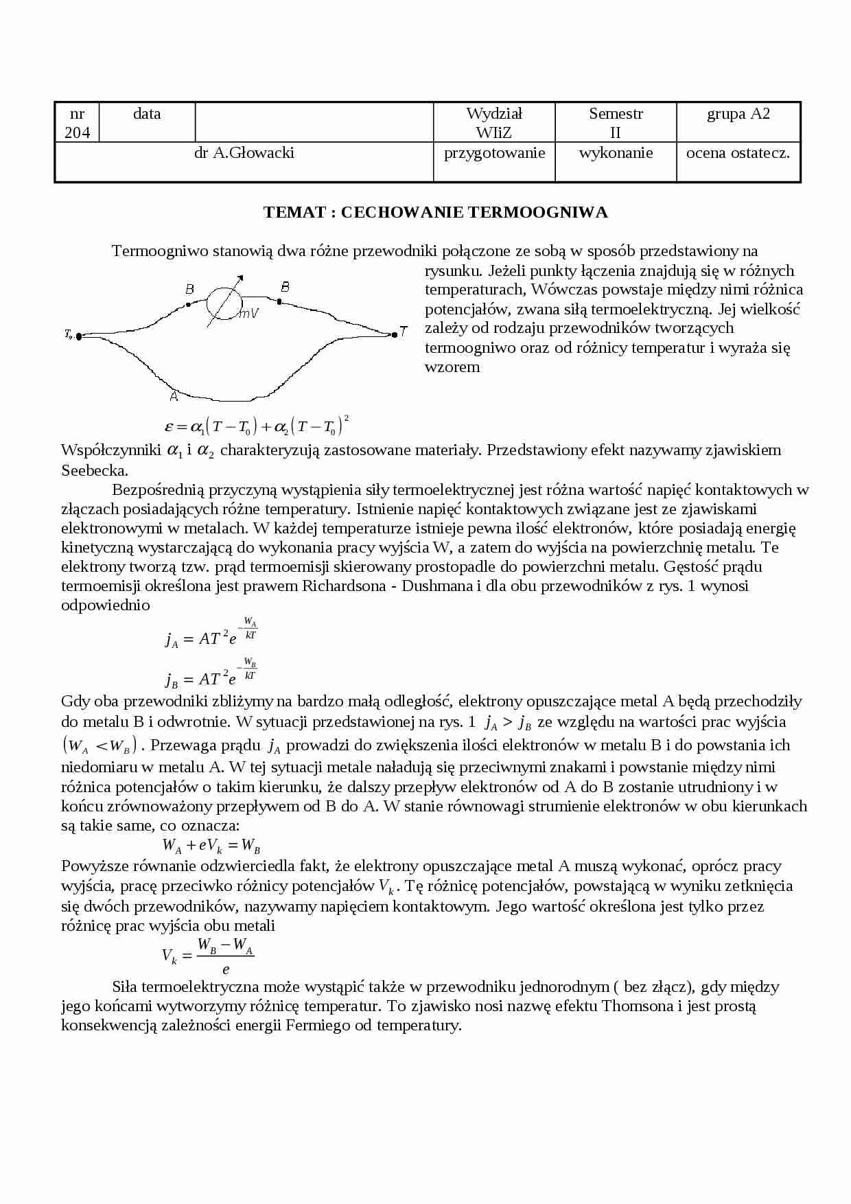 Cechowanie termoogniwa - sprawozdanie - strona 1